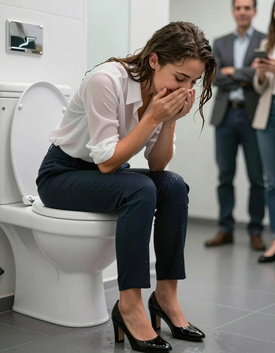 photo of young woman, in soaking wet, drenched clothes,
Shoes, Office trousers, Office shirt, Peeing in toilet, 
enjoying, wet clothes stuck to body,
detailed textures of the wet clothes, wet face, wet plastered hair,
wet, drenched, professional, high-quality details, full body view.
sharp focus, ultra-high pixel detail, realistic, high-quality, full colors, incredibly detailed, 4k, 8k, 16k, hyper-realistic, RAW photo, masterpiece, ultra-detailed, professionally color graded, professional photograph, Smiling. People are watching., wet skin, wet clothes, damp fabric