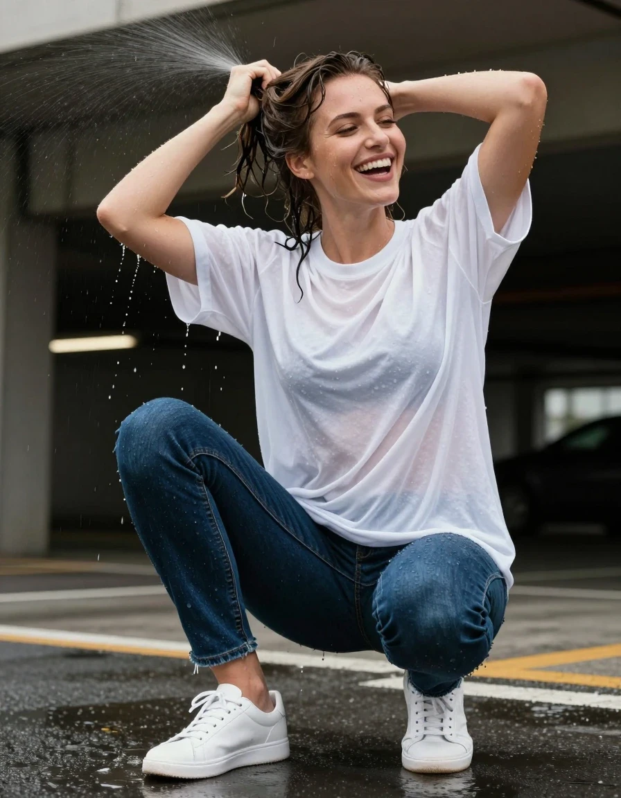 photo of young woman, in soaking wet, drenched clothes,
wet white leather sneakers with visible water droplets, clinging navy blue denim jeans soaked through, saturated oversized white cotton t-shirt sticking to skin, dimly lit concrete entrance of an urban parking garage, 
enjoying, wet clothes stuck to body,
detailed textures of the wet clothes, wet face, wet plastered hair,
wet, drenched, professional, high-quality details, full body view.
sharp focus, ultra-high pixel detail, realistic, high-quality, full colors, incredibly detailed, 4k, 8k, 16k, hyper-realistic, RAW photo, masterpiece, ultra-detailed, professionally color graded, professional photograph, woman laughing while wringing out her wet ponytail, water dripping from fabric, broken overhead sprinkler misting, medium shot from waist up, candid street photography style, high-detail texture, natural daylight, sharp focus, cinematic atmosphere, wet skin, wet clothes, damp fabric