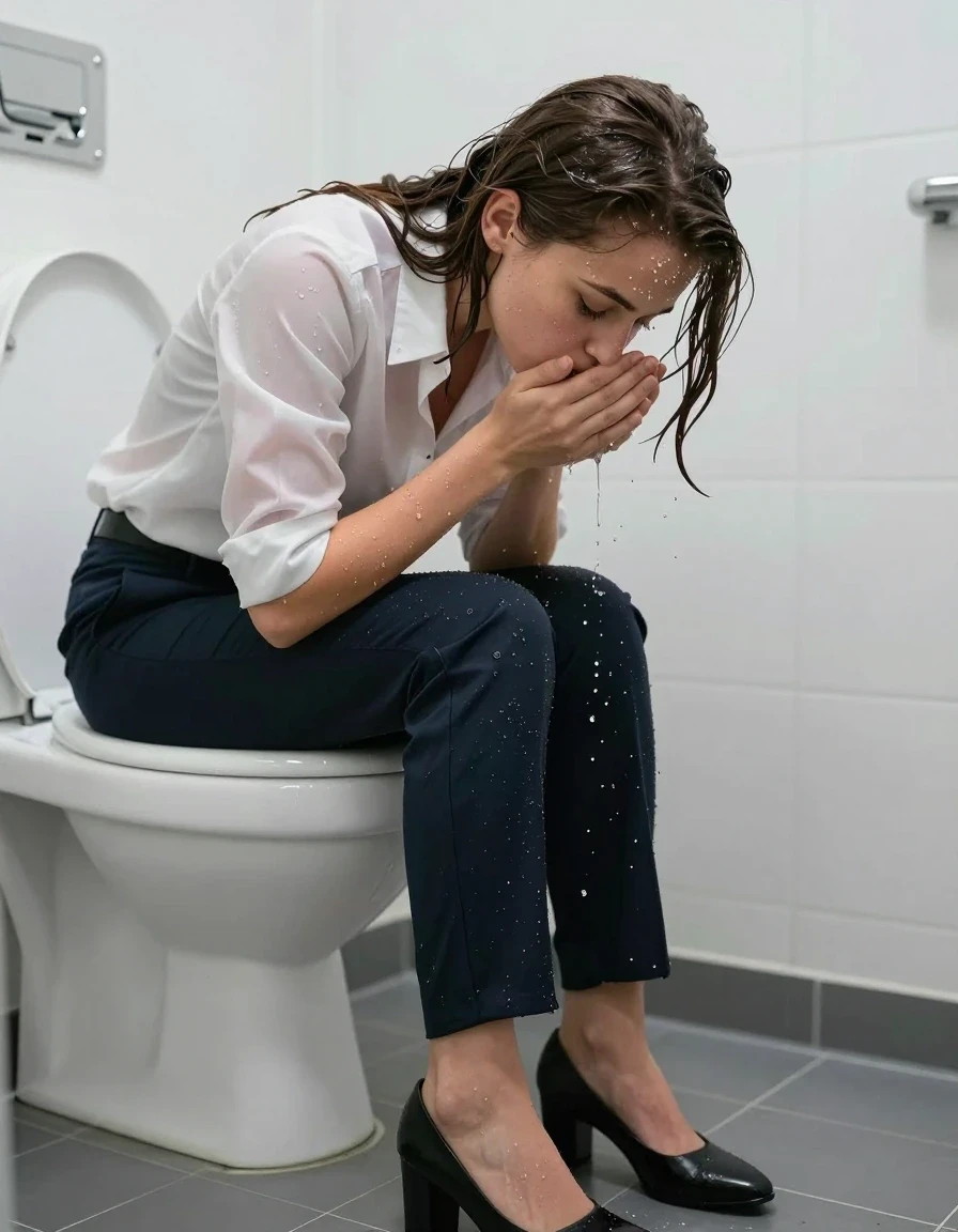 photo of young woman, in soaking wet, drenched clothes,
Shoes, Office trousers, Office shirt, Peeing in toilet, 
enjoying, wet clothes stuck to body,
detailed textures of the wet clothes, wet face, wet plastered hair,
wet, drenched, professional, high-quality details, full body view.
sharp focus, ultra-high pixel detail, realistic, high-quality, full colors, incredibly detailed, 4k, 8k, 16k, hyper-realistic, RAW photo, masterpiece, ultra-detailed, professionally color graded, professional photograph, Kissing teenager, wet skin, wet clothes, damp fabric