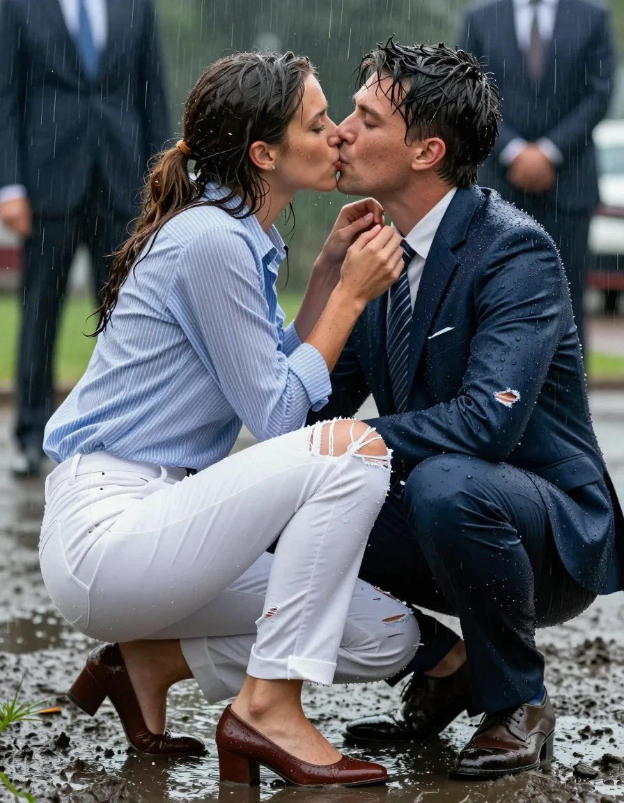 photo of young woman, in soaking wet, drenched clothes,
Shoes, Ripped office white trousers , Ripped office striped blue and white shirt and ripped jacket, Newsreporter under heavy rain and mud, 
enjoying, wet clothes stuck to body,
detailed textures of the wet clothes, wet face, wet plastered hair,
wet, drenched, professional, high-quality details, full body view.
sharp focus, ultra-high pixel detail, realistic, high-quality, full colors, incredibly detailed, 4k, 8k, 16k, hyper-realistic, RAW photo, masterpiece, ultra-detailed, professionally color graded, professional photograph, Kissing guys, wet skin, wet clothes, damp fabric