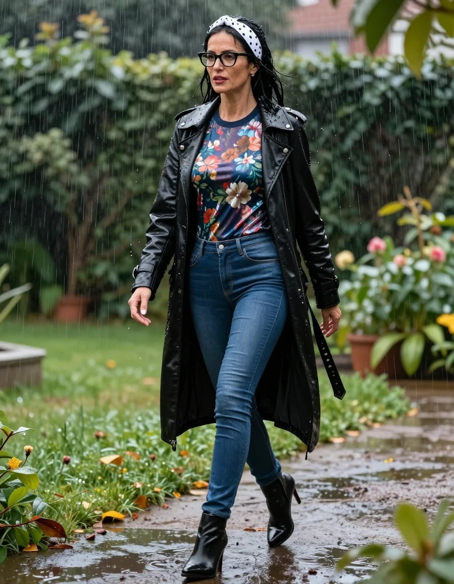 photo of young woman, in soaking wet, drenched clothes,
high-heeled  boots , Tight long blue leather jeans ,  shiny floral  tight sweater with long sleeves, maxi black shiny leather jacket , Walking  in Garden under hard rain, 
enjoying, wet clothes stuck to body,
detailed textures of the wet clothes, wet face, wet plastered hair,
wet, drenched, professional, high-quality details, full body view.
sharp focus, ultra-high pixel detail, realistic, high-quality, full colors, incredibly detailed, 4k, 8k, 16k, hyper-realistic, RAW photo, masterpiece, ultra-detailed, professionally color graded, professional photograph, european brunette skinny woman 50 years old, long dark black hair, office glasses, white headband wth black polka dots, very big and thick lips, complete body, wet skin, wet clothes, damp fabric, wet skin, wet clothes, damp fabric, wet skin, wet clothes, damp fabric, wet skin, wet clothes, damp fabric, wet skin, wet clothes, damp fabric, wet skin, wet clothes, damp fabric, wet skin, wet clothes, damp fabric, wet skin, wet clothes, damp fabric, wet skin, wet clothes, damp fabric