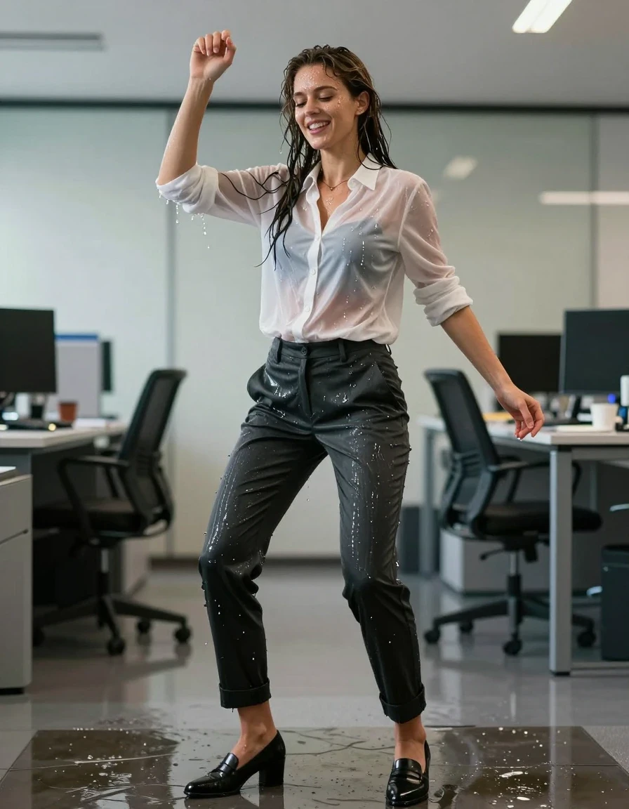 photo of young woman, in soaking wet, drenched clothes,
Shoes, Office trousers, Office shirt and pullover, Party in office , 
enjoying, wet clothes stuck to body,
detailed textures of the wet clothes, wet face, wet plastered hair,
wet, drenched, professional, high-quality details, full body view.
sharp focus, ultra-high pixel detail, realistic, high-quality, full colors, incredibly detailed, 4k, 8k, 16k, hyper-realistic, RAW photo, masterpiece, ultra-detailed, professionally color graded, professional photograph, Dancing and smiling, wet skin, wet clothes, damp fabric