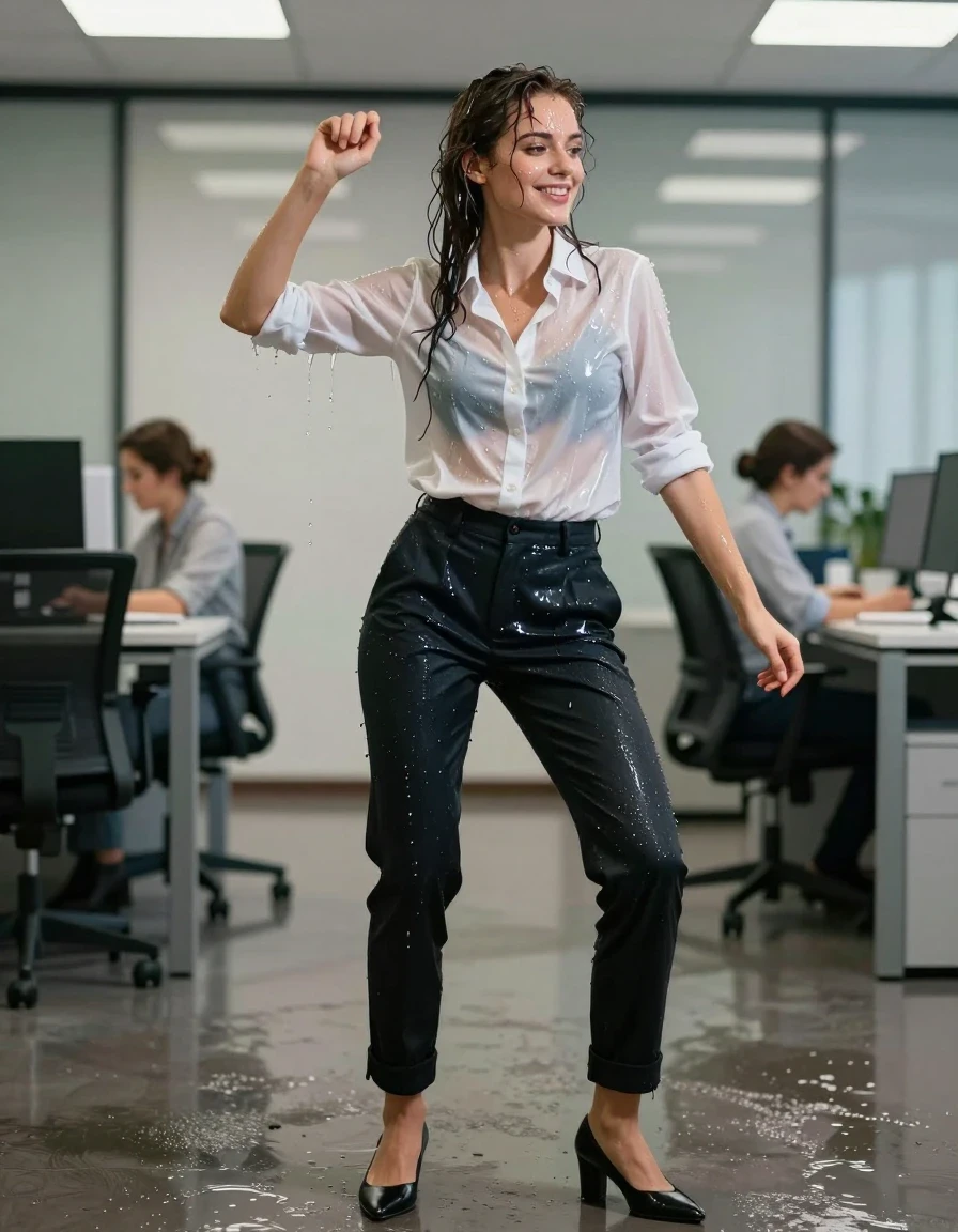 photo of young woman, in soaking wet, drenched clothes,
Shoes, Office trousers, Office shirt, Party in office , 
enjoying, wet clothes stuck to body,
detailed textures of the wet clothes, wet face, wet plastered hair,
wet, drenched, professional, high-quality details, full body view.
sharp focus, ultra-high pixel detail, realistic, high-quality, full colors, incredibly detailed, 4k, 8k, 16k, hyper-realistic, RAW photo, masterpiece, ultra-detailed, professionally color graded, professional photograph, Dancing and smiling, wet skin, wet clothes, damp fabric