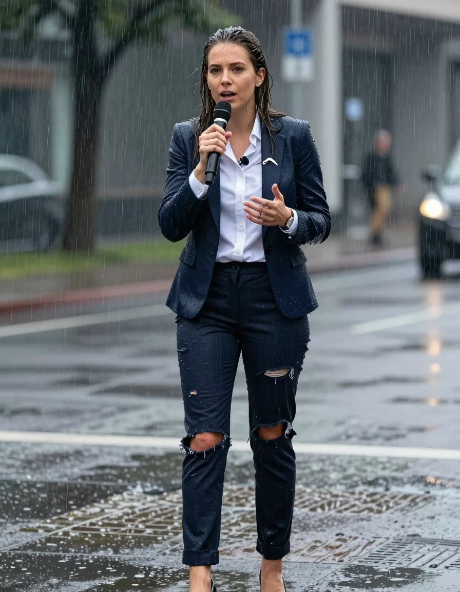 photo of young woman, in soaking wet, drenched clothes,
Shoes, Ripped office trousers , Ripped office shirt and ripped jacket, Newsreporter under heavy rain, 
enjoying, wet clothes stuck to body,
detailed textures of the wet clothes, wet face, wet plastered hair,
wet, drenched, professional, high-quality details, full body view.
sharp focus, ultra-high pixel detail, realistic, high-quality, full colors, incredibly detailed, 4k, 8k, 16k, hyper-realistic, RAW photo, masterpiece, ultra-detailed, professionally color graded, professional photograph, Speaking, wet skin, wet clothes, damp fabric