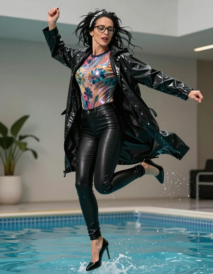 photo of young woman, in soaking wet, drenched clothes,
high-heeled  shoes, Tight long black shiny leather jeans ,  shiny floral  tight sweater with long sleeves, maxi black plastic rain coat, Jumping after Bath in indoor pool, 
enjoying, wet clothes stuck to body,
detailed textures of the wet clothes, wet face, wet plastered hair,
wet, drenched, professional, high-quality details, full body view.
sharp focus, ultra-high pixel detail, realistic, high-quality, full colors, incredibly detailed, 4k, 8k, 16k, hyper-realistic, RAW photo, masterpiece, ultra-detailed, professionally color graded, professional photograph, european brunette skinny woman 50 years old, long dark black hair, office glasses, white headband wth black polka dots, very big and thick lips, complete body, wet skin, wet clothes, damp fabric, wet skin, wet clothes, damp fabric, wet skin, wet clothes, damp fabric, wet skin, wet clothes, damp fabric, wet skin, wet clothes, damp fabric, wet skin, wet clothes, damp fabric, wet skin, wet clothes, damp fabric, wet skin, wet clothes, damp fabric, wet skin, wet clothes, damp fabric