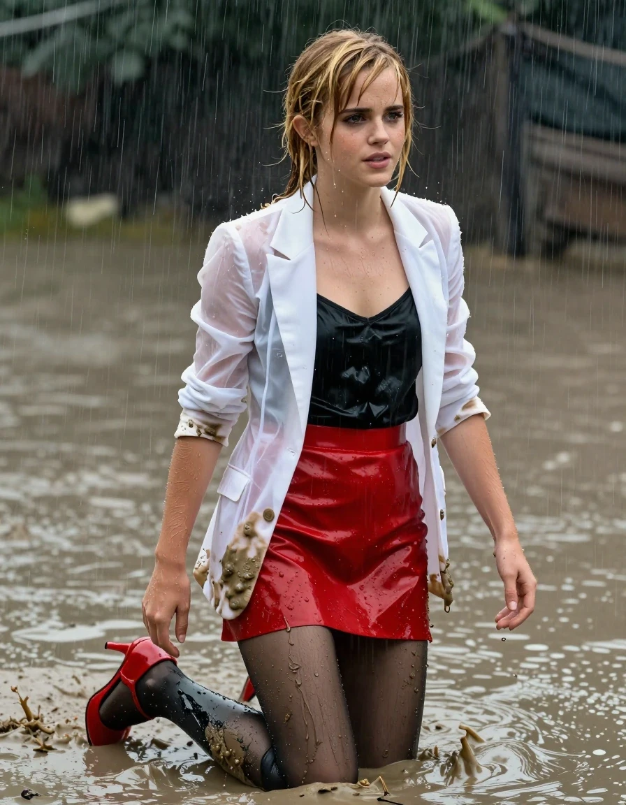 photo of young woman, in soaking wet, drenched clothes,
Red satin strappy stilettos , black stockings, red miniskirt, Black silk camisole, muddy white see-through blazer, Swimming in muddy pool, heavy rain, 
enjoying, wet clothes stuck to body,
detailed textures of the wet clothes, wet face, wet plastered hair,
wet, drenched, professional, high-quality details, full body view.
sharp focus, ultra-high pixel detail, realistic, high-quality, full colors, incredibly detailed, 4k, 8k, 16k, hyper-realistic, RAW photo, masterpiece, ultra-detailed, professionally color graded, professional photograph, Blonde, Emma Watson, all clothes covered in mud, wet skin, wet clothes, damp fabric