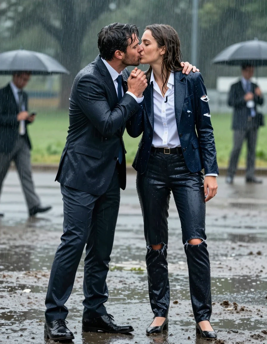 photo of young woman, in soaking wet, drenched clothes,
Shoes, Ripped office trousers , Ripped office shirt and ripped jacket, Newsreporter under heavy rain and mud, 
enjoying, wet clothes stuck to body,
detailed textures of the wet clothes, wet face, wet plastered hair,
wet, drenched, professional, high-quality details, full body view.
sharp focus, ultra-high pixel detail, realistic, high-quality, full colors, incredibly detailed, 4k, 8k, 16k, hyper-realistic, RAW photo, masterpiece, ultra-detailed, professionally color graded, professional photograph, Kissing man, wet skin, wet clothes, damp fabric