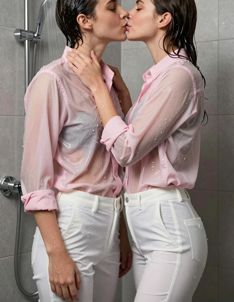 photo of young woman, in soaking wet, drenched clothes,
Bare, White trousers, Formal pink shirt, Shower, 
enjoying, wet clothes stuck to body,
detailed textures of the wet clothes, wet face, wet plastered hair,
wet, drenched, professional, high-quality details, full body view.
sharp focus, ultra-high pixel detail, realistic, high-quality, full colors, incredibly detailed, 4k, 8k, 16k, hyper-realistic, RAW photo, masterpiece, ultra-detailed, professionally color graded, professional photograph, Kissing boyfriend, wet skin, wet clothes, damp fabric