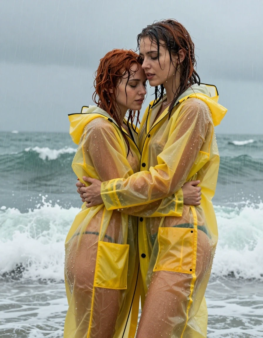 photo of young woman, in soaking wet, drenched clothes,
No underwear , Soaking wet oversized transparent latex yellow raincoat , In the stormy waves of the sea.  Heavy rain and waves are drenching them from head to to, 
enjoying, wet clothes stuck to body,
detailed textures of the wet clothes, wet face, wet plastered hair,
wet, drenched, professional, high-quality details, full body view.
sharp focus, ultra-high pixel detail, realistic, high-quality, full colors, incredibly detailed, 4k, 8k, 16k, hyper-realistic, RAW photo, masterpiece, ultra-detailed, professionally color graded, professional photograph, A beautiful 20-year-old woman is wrapped around her girlfriend's body in a romantic embrace.  Her red hair is soaking wet with water. Her rainjacket is soaking wet and clinging to her body. Her friend is nude, wet skin, wet clothes, damp fabric, wet skin, wet clothes, damp fabric