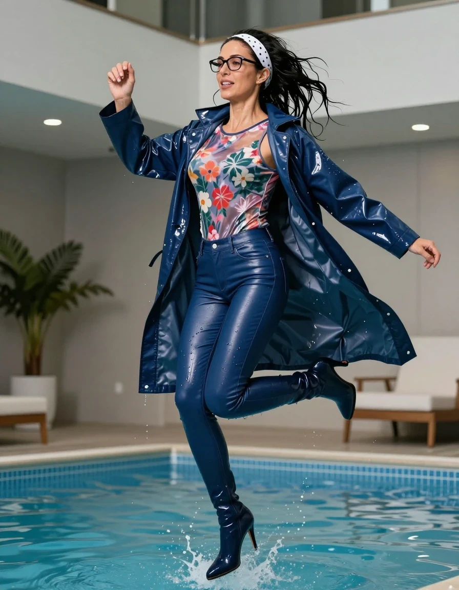 photo of young woman, in soaking wet, drenched clothes,
high-heeled  boots , Tight long blue shiny leather jeans ,  shiny floral  tight sweater with long sleeves, maxi dark blue plastic rain coat, Jumping after Bath in indoor pool, 
enjoying, wet clothes stuck to body,
detailed textures of the wet clothes, wet face, wet plastered hair,
wet, drenched, professional, high-quality details, full body view.
sharp focus, ultra-high pixel detail, realistic, high-quality, full colors, incredibly detailed, 4k, 8k, 16k, hyper-realistic, RAW photo, masterpiece, ultra-detailed, professionally color graded, professional photograph, european brunette skinny woman 50 years old, long dark black hair, office glasses, white headband wth black polka dots, very big and thick lips, complete body, wet skin, wet clothes, damp fabric, wet skin, wet clothes, damp fabric, wet skin, wet clothes, damp fabric, wet skin, wet clothes, damp fabric, wet skin, wet clothes, damp fabric, wet skin, wet clothes, damp fabric, wet skin, wet clothes, damp fabric, wet skin, wet clothes, damp fabric, wet skin, wet clothes, damp fabric