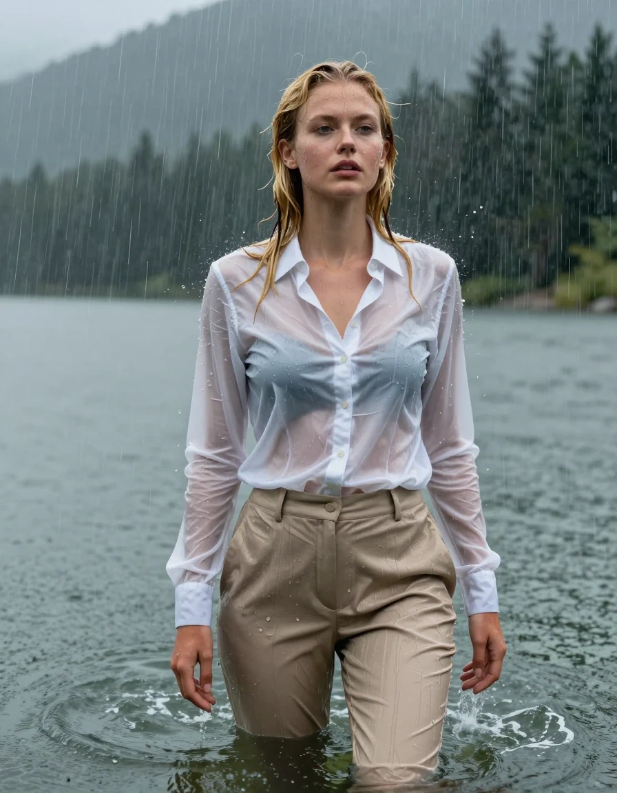 photo of young woman, in soaking wet, drenched clothes,
Beige Business Suit Trouser, White Button Down longsleeve Shirt, mountain lake with heavy Rain, 
enjoying, wet clothes stuck to body,
detailed textures of the wet clothes, wet face, wet plastered hair,
wet, drenched, professional, high-quality details, full body view.
sharp focus, ultra-high pixel detail, realistic, high-quality, full colors, incredibly detailed, 4k, 8k, 16k, hyper-realistic, RAW photo, masterpiece, ultra-detailed, professionally color graded, professional photograph, blonde european girl, standing in deep water, fully submerged up to her breasts, open eyes, showering under the rain, fully clothed, completely soaked, fully drenched, completely wet, wetlook, heavy rain, Long Layered Cut, side parting hair, rain storm, wet skin, wet clothes, damp fabric, clinging to body, shirt becomes translucent, full body view, 4k high resolution, wet skin, wet clothes, damp fabric, wet skin, wet clothes, damp fabric, wet skin, wet clothes, damp fabric, wet skin, wet clothes, damp fabric, wet skin, wet clothes, damp fabric, wet skin, wet clothes, damp fabric