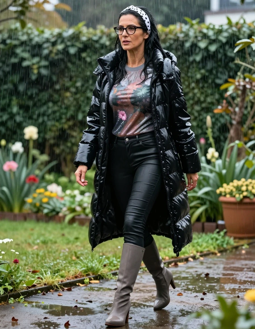 photo of young woman, in soaking wet, drenched clothes,
high-heeled gray boots , Tight long black leather jeans ,  shiny floral  tight sweater with long sleeves, maxi black shiny down jacket , Walking  in Garden under hard rain, 
enjoying, wet clothes stuck to body,
detailed textures of the wet clothes, wet face, wet plastered hair,
wet, drenched, professional, high-quality details, full body view.
sharp focus, ultra-high pixel detail, realistic, high-quality, full colors, incredibly detailed, 4k, 8k, 16k, hyper-realistic, RAW photo, masterpiece, ultra-detailed, professionally color graded, professional photograph, european brunette skinny woman 50 years old, long dark black hair, office glasses, white headband wth black polka dots, very big and thick lips, complete body, wet skin, wet clothes, damp fabric, wet skin, wet clothes, damp fabric, wet skin, wet clothes, damp fabric, wet skin, wet clothes, damp fabric, wet skin, wet clothes, damp fabric, wet skin, wet clothes, damp fabric, wet skin, wet clothes, damp fabric, wet skin, wet clothes, damp fabric, wet skin, wet clothes, damp fabric