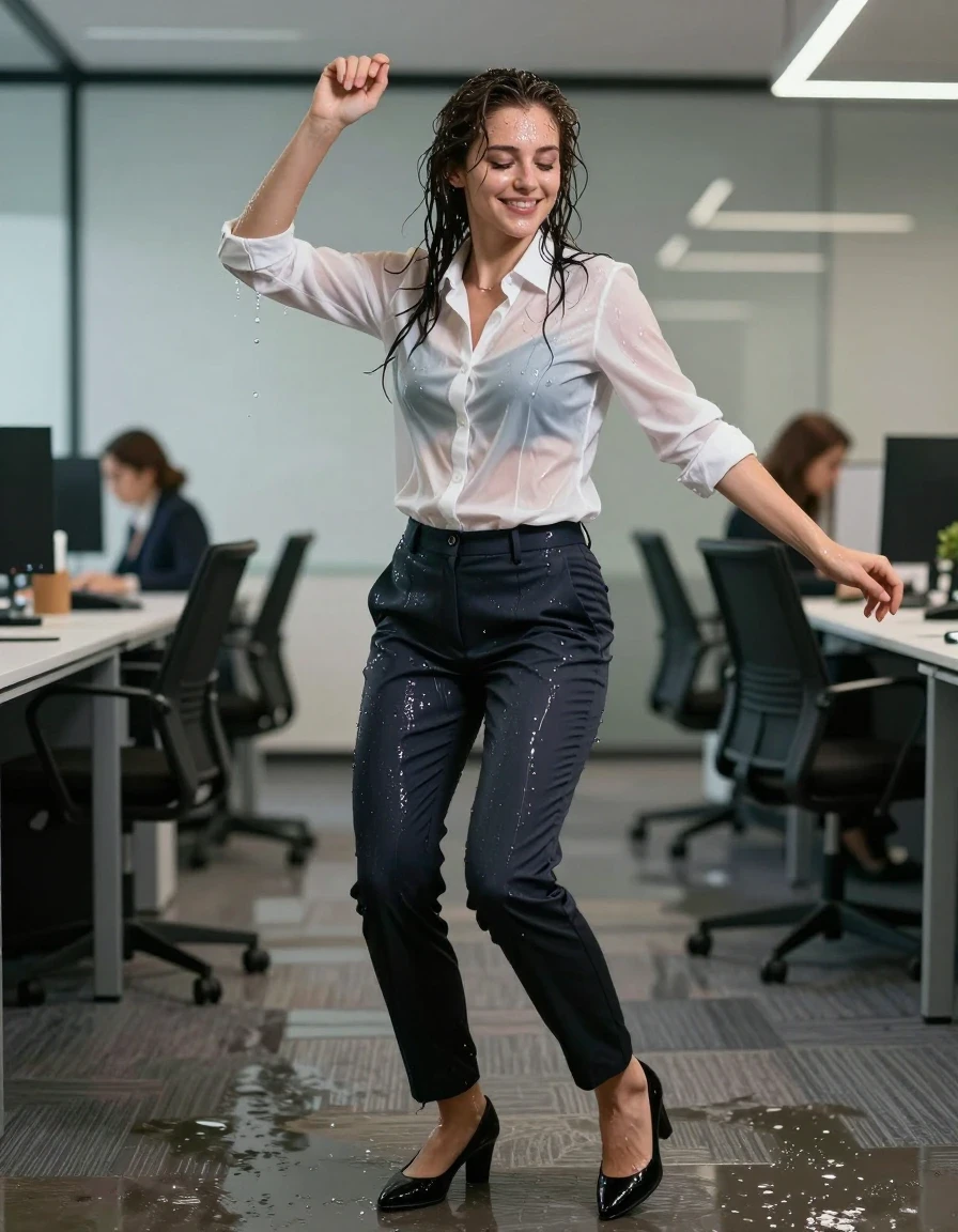 photo of young woman, in soaking wet, drenched clothes,
Shoes, Office trousers, Office shirt, Party in office , 
enjoying, wet clothes stuck to body,
detailed textures of the wet clothes, wet face, wet plastered hair,
wet, drenched, professional, high-quality details, full body view.
sharp focus, ultra-high pixel detail, realistic, high-quality, full colors, incredibly detailed, 4k, 8k, 16k, hyper-realistic, RAW photo, masterpiece, ultra-detailed, professionally color graded, professional photograph, Dancing and smiling, wet skin, wet clothes, damp fabric