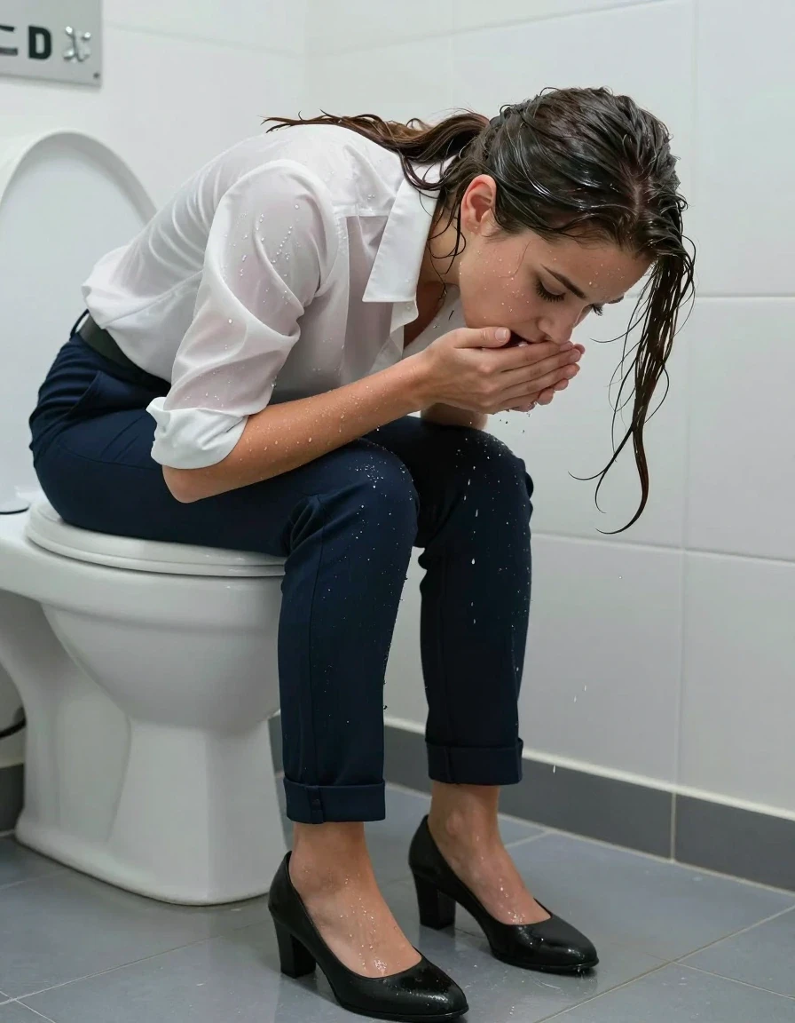 photo of young woman, in soaking wet, drenched clothes,
Shoes, Office trousers, Office shirt, Peeing in toilet, 
enjoying, wet clothes stuck to body,
detailed textures of the wet clothes, wet face, wet plastered hair,
wet, drenched, professional, high-quality details, full body view.
sharp focus, ultra-high pixel detail, realistic, high-quality, full colors, incredibly detailed, 4k, 8k, 16k, hyper-realistic, RAW photo, masterpiece, ultra-detailed, professionally color graded, professional photograph, wet skin, wet clothes, damp fabric