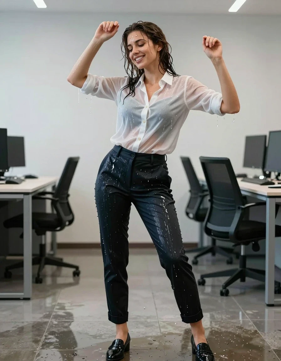 photo of young woman, in soaking wet, drenched clothes,
Shoes, Office trousers, Office shirt and pullover, Party in office , 
enjoying, wet clothes stuck to body,
detailed textures of the wet clothes, wet face, wet plastered hair,
wet, drenched, professional, high-quality details, full body view.
sharp focus, ultra-high pixel detail, realistic, high-quality, full colors, incredibly detailed, 4k, 8k, 16k, hyper-realistic, RAW photo, masterpiece, ultra-detailed, professionally color graded, professional photograph, Dancing and smiling, wet skin, wet clothes, damp fabric