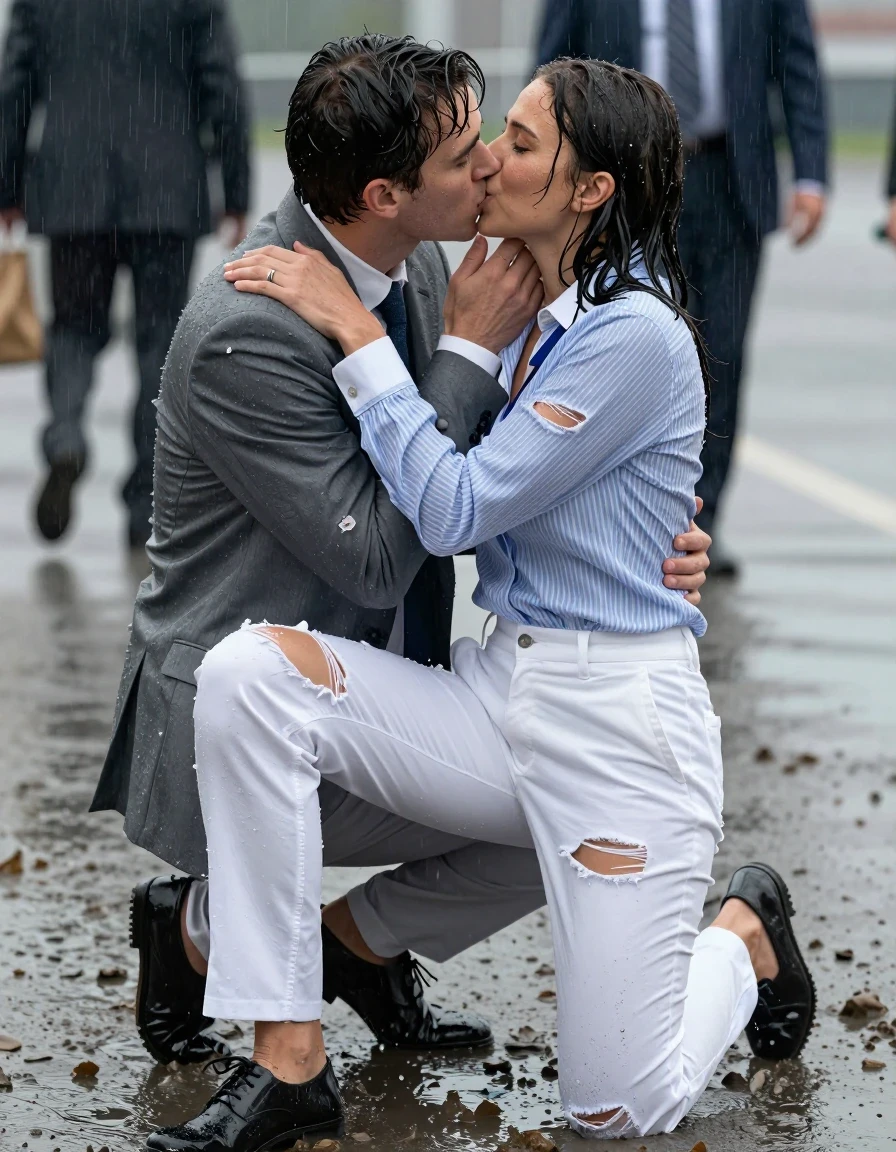 photo of young woman, in soaking wet, drenched clothes,
Shoes, Ripped office white trousers , Ripped office striped blue and white shirt and ripped jacket, Newsreporter under heavy rain and mud, 
enjoying, wet clothes stuck to body,
detailed textures of the wet clothes, wet face, wet plastered hair,
wet, drenched, professional, high-quality details, full body view.
sharp focus, ultra-high pixel detail, realistic, high-quality, full colors, incredibly detailed, 4k, 8k, 16k, hyper-realistic, RAW photo, masterpiece, ultra-detailed, professionally color graded, professional photograph, Kissing guys, wet skin, wet clothes, damp fabric