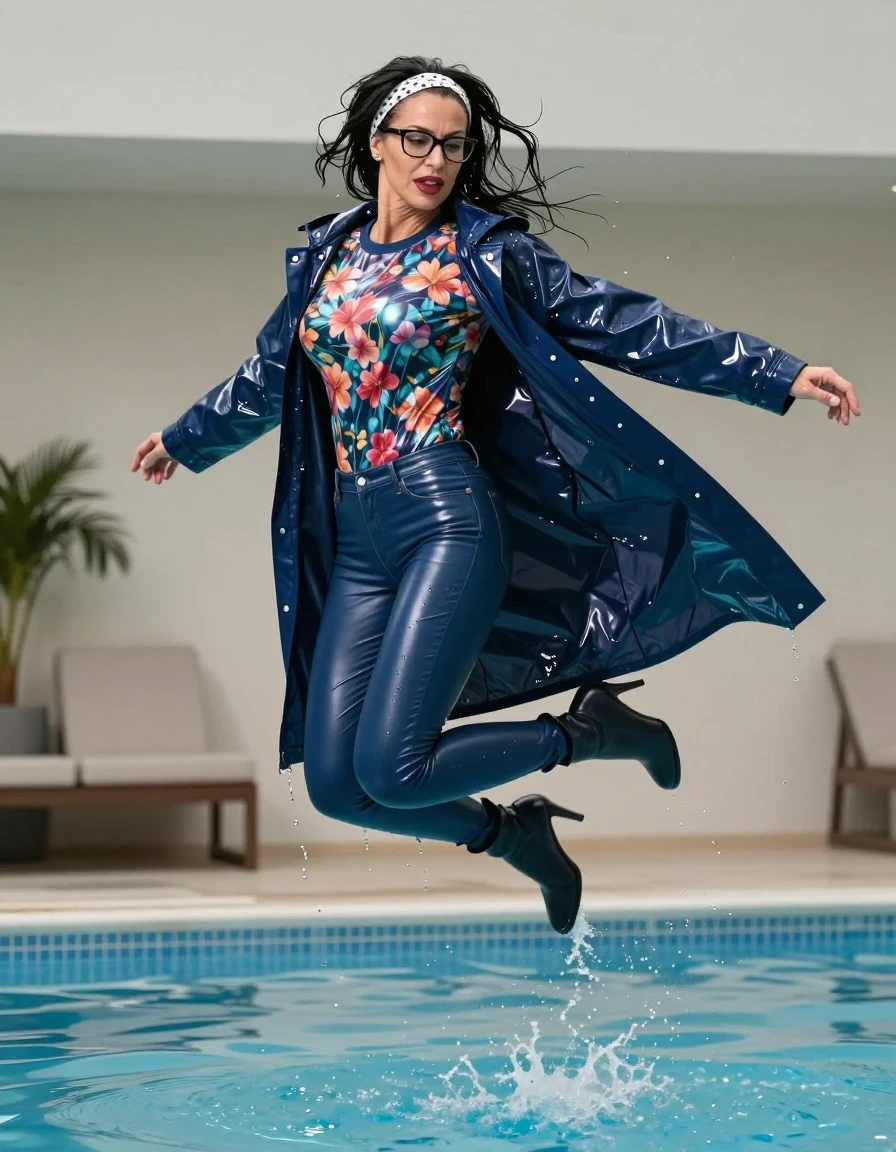 photo of young woman, in soaking wet, drenched clothes,
high-heeled  boots , Tight long blue shiny leather jeans ,  shiny floral  tight sweater with long sleeves, maxi dark blue plastic rain coat, Jumping after Bath in indoor pool, 
enjoying, wet clothes stuck to body,
detailed textures of the wet clothes, wet face, wet plastered hair,
wet, drenched, professional, high-quality details, full body view.
sharp focus, ultra-high pixel detail, realistic, high-quality, full colors, incredibly detailed, 4k, 8k, 16k, hyper-realistic, RAW photo, masterpiece, ultra-detailed, professionally color graded, professional photograph, european brunette skinny woman 50 years old, long dark black hair, office glasses, white headband wth black polka dots, very big and thick lips, complete body, wet skin, wet clothes, damp fabric, wet skin, wet clothes, damp fabric, wet skin, wet clothes, damp fabric, wet skin, wet clothes, damp fabric, wet skin, wet clothes, damp fabric, wet skin, wet clothes, damp fabric, wet skin, wet clothes, damp fabric, wet skin, wet clothes, damp fabric, wet skin, wet clothes, damp fabric