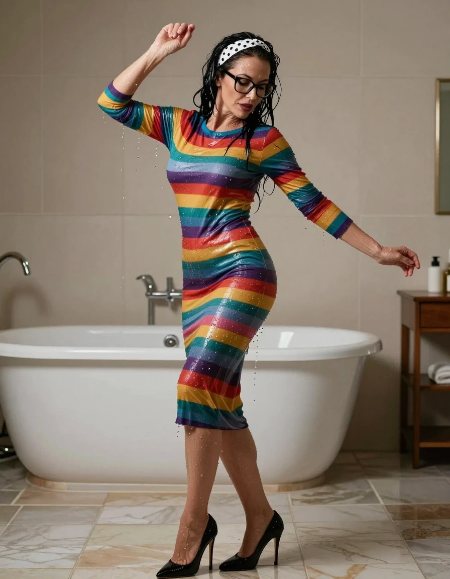 photo of young woman, in soaking wet, drenched clothes,
high-heeled shoes , Midi shiny multicolored striped tight sweater dress with long sleeves, Midi shiny multicolored striped tight sweater dress with long sleeves, Dancing After bath in room, 
enjoying, wet clothes stuck to body,
detailed textures of the wet clothes, wet face, wet plastered hair,
wet, drenched, professional, high-quality details, full body view.
sharp focus, ultra-high pixel detail, realistic, high-quality, full colors, incredibly detailed, 4k, 8k, 16k, hyper-realistic, RAW photo, masterpiece, ultra-detailed, professionally color graded, professional photograph, european brunette skinny woman 50 years old, long dark black hair, office glasses, white headband wth black polka dots, very big and thick lips, complete body, wet skin, wet clothes, damp fabric, wet skin, wet clothes, damp fabric, wet skin, wet clothes, damp fabric, wet skin, wet clothes, damp fabric, wet skin, wet clothes, damp fabric, wet skin, wet clothes, damp fabric, wet skin, wet clothes, damp fabric, wet skin, wet clothes, damp fabric, wet skin, wet clothes, damp fabric