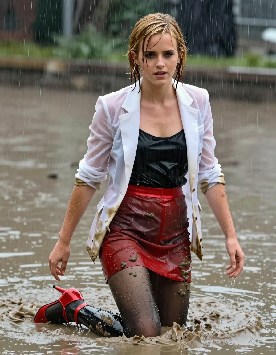 photo of young woman, in soaking wet, drenched clothes,
Red satin strappy stilettos , black stockings, see-through red miniskirt, Black silk camisole, muddy white see-through blazer, Swimming in muddy pool, heavy rain, 
enjoying, wet clothes stuck to body,
detailed textures of the wet clothes, wet face, wet plastered hair,
wet, drenched, professional, high-quality details, full body view.
sharp focus, ultra-high pixel detail, realistic, high-quality, full colors, incredibly detailed, 4k, 8k, 16k, hyper-realistic, RAW photo, masterpiece, ultra-detailed, professionally color graded, professional photograph, Blonde, Emma Watson, all clothes covered in mud, wet skin, wet clothes, damp fabric