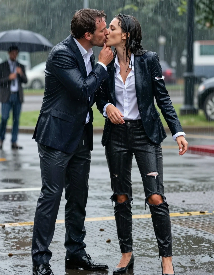 photo of young woman, in soaking wet, drenched clothes,
Shoes, Ripped office trousers , Ripped unbuttoned office shirt and ripped jacket, Newsreporter under heavy rain and mud, 
enjoying, wet clothes stuck to body,
detailed textures of the wet clothes, wet face, wet plastered hair,
wet, drenched, professional, high-quality details, full body view.
sharp focus, ultra-high pixel detail, realistic, high-quality, full colors, incredibly detailed, 4k, 8k, 16k, hyper-realistic, RAW photo, masterpiece, ultra-detailed, professionally color graded, professional photograph, Kissing naked man, wet skin, wet clothes, damp fabric
