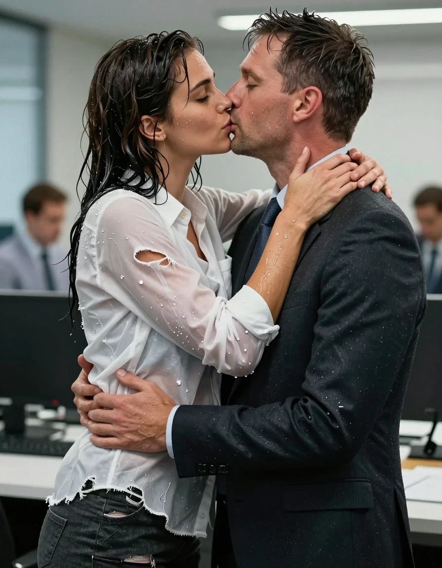 photo of young woman, in soaking wet, drenched clothes,
Shoes, Ripped office trousers , Ripped office shirt, Party in office , 
enjoying, wet clothes stuck to body,
detailed textures of the wet clothes, wet face, wet plastered hair,
wet, drenched, professional, high-quality details, full body view.
sharp focus, ultra-high pixel detail, realistic, high-quality, full colors, incredibly detailed, 4k, 8k, 16k, hyper-realistic, RAW photo, masterpiece, ultra-detailed, professionally color graded, professional photograph, Kissing and hugging closely the male boss, wet skin, wet clothes, damp fabric