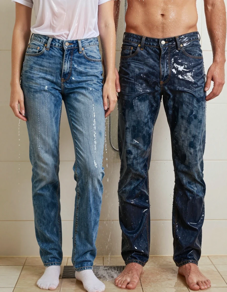 A full-body shot of a young adult European woman and a man in a shower, both fully clothed. The woman is wearing a white t-shirt, jeans, socks, and shoes, while the man is wearing underwear. The woman's white t-shirt is completely translucent and clinging to her skin, soaking-wet blue denim jeans, water-saturated heavyweight denim, blue changed to deep navy and indigo, substantially darker unevenly soaked patches, absorbed water, heavy wet folds, visible weave and stitching, and strong glossy specular reflections on the raised weave, seams, and creases. The man is wearing wet underwear. Both subjects have soaking wet hair and water glistening on their skin. They are standing together under a running shower, with water cascading over them, creating heavy texture and clinging fabric effects. The scene is captured with realistic lighting emphasizing the sheen of wet fabric and skin, high-resolution photographic detail, sharp focus on textures, cinematic composition, and a clear view of both individuals from head to toe.