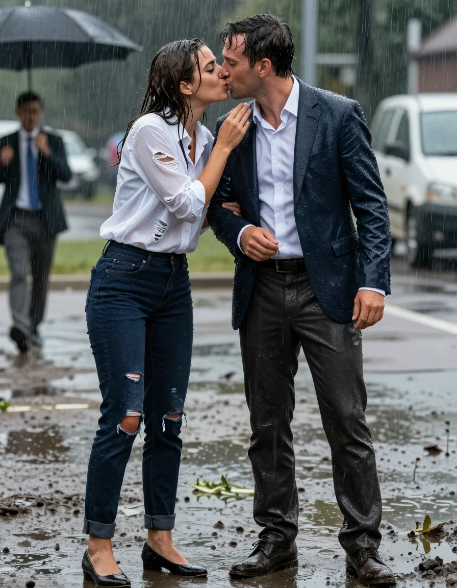 photo of young woman, in soaking wet, drenched clothes,
Shoes, Ripped office trousers , Ripped unbuttoned office shirt and ripped jacket, Newsreporter under heavy rain and mud, 
enjoying, wet clothes stuck to body,
detailed textures of the wet clothes, wet face, wet plastered hair,
wet, drenched, professional, high-quality details, full body view.
sharp focus, ultra-high pixel detail, realistic, high-quality, full colors, incredibly detailed, 4k, 8k, 16k, hyper-realistic, RAW photo, masterpiece, ultra-detailed, professionally color graded, professional photograph, Kissing man, wet skin, wet clothes, damp fabric