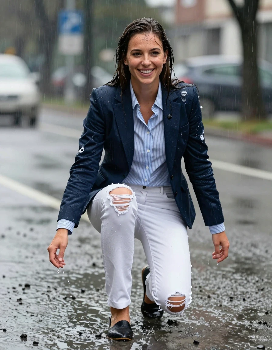 photo of young woman, in soaking wet, drenched clothes,
Shoes, Ripped office white trousers , Ripped office striped blue and white shirt and ripped jacket, Newsreporter under heavy rain and mud, 
enjoying, wet clothes stuck to body,
detailed textures of the wet clothes, wet face, wet plastered hair,
wet, drenched, professional, high-quality details, full body view.
sharp focus, ultra-high pixel detail, realistic, high-quality, full colors, incredibly detailed, 4k, 8k, 16k, hyper-realistic, RAW photo, masterpiece, ultra-detailed, professionally color graded, professional photograph, Smiling, wet skin, wet clothes, damp fabric