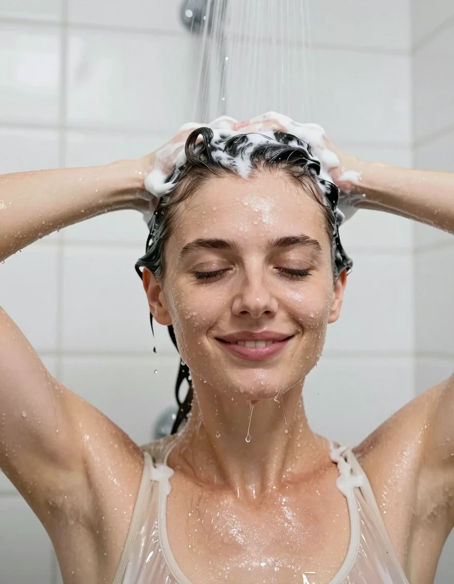 photo of young woman, in soaking wet, drenched clothes,
nothing , under a gentle shower stream having her hair washed by the viewer. background is a white tiled wall of a shower stall., 
enjoying, wet clothes stuck to body,
detailed textures of the wet clothes, wet face, wet plastered hair,
wet, drenched, professional, high-quality details, full body view.
sharp focus, ultra-high pixel detail, realistic, high-quality, full colors, incredibly detailed, 4k, 8k, 16k, hyper-realistic, RAW photo, masterpiece, ultra-detailed, professionally color graded, professional photograph, extremely close-up intimate headshot portrait style photo zoomed in so much that only her head, which fills the majority of the frame, and the tops of her bare shoulders are visible. Subject is a late 30s woman who is having her chestnut hair washed by the viewer. Her arms are completely down and to her sides, not visible in the frame. The viewer’s masculine arms reach in straight from the behind the camera into the foreground and are massaging the shampoo into the top of the woman’s drenched and lathered hair. She faces the viewer directly. Her head is tilted back ever so slightly with her eyes closed and a relaxed, contented smile., wet skin, wet clothes, damp fabric