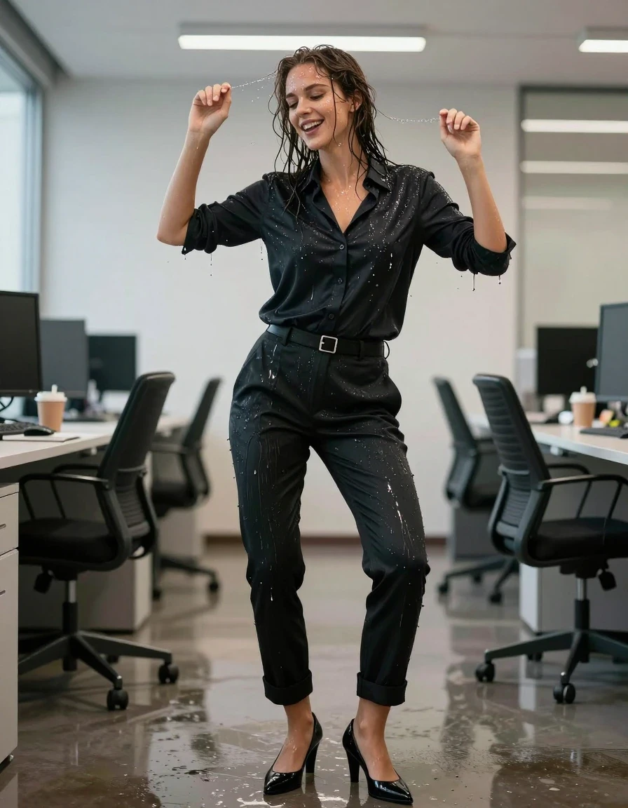 photo of young woman, in soaking wet, drenched clothes,
Shoes, Office trousers, Office shirt, Party in office , 
enjoying, wet clothes stuck to body,
detailed textures of the wet clothes, wet face, wet plastered hair,
wet, drenched, professional, high-quality details, full body view.
sharp focus, ultra-high pixel detail, realistic, high-quality, full colors, incredibly detailed, 4k, 8k, 16k, hyper-realistic, RAW photo, masterpiece, ultra-detailed, professionally color graded, professional photograph, Dancing and smiling, wet skin, wet clothes, damp fabric
