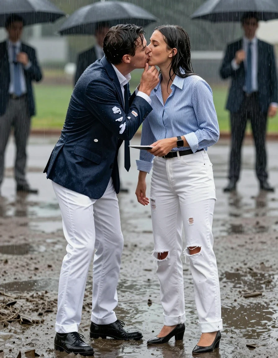 photo of young woman, in soaking wet, drenched clothes,
Shoes, Ripped office white trousers , Ripped office striped blue and white shirt and ripped jacket, Newsreporter under heavy rain and mud, 
enjoying, wet clothes stuck to body,
detailed textures of the wet clothes, wet face, wet plastered hair,
wet, drenched, professional, high-quality details, full body view.
sharp focus, ultra-high pixel detail, realistic, high-quality, full colors, incredibly detailed, 4k, 8k, 16k, hyper-realistic, RAW photo, masterpiece, ultra-detailed, professionally color graded, professional photograph, Kissing guys, wet skin, wet clothes, damp fabric