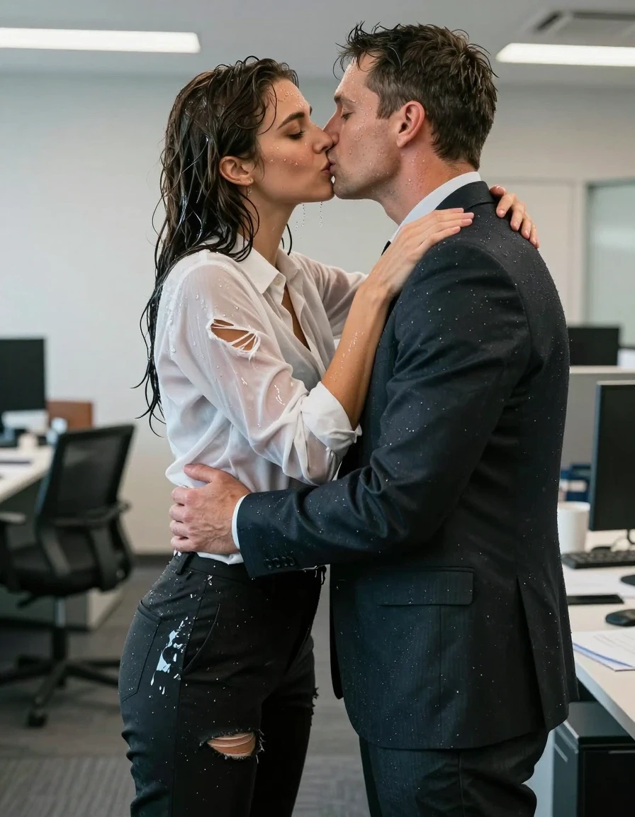 photo of young woman, in soaking wet, drenched clothes,
Shoes, Ripped office trousers , Ripped office shirt, Party in office , 
enjoying, wet clothes stuck to body,
detailed textures of the wet clothes, wet face, wet plastered hair,
wet, drenched, professional, high-quality details, full body view.
sharp focus, ultra-high pixel detail, realistic, high-quality, full colors, incredibly detailed, 4k, 8k, 16k, hyper-realistic, RAW photo, masterpiece, ultra-detailed, professionally color graded, professional photograph, Kissing and hugging closely the male boss, wet skin, wet clothes, damp fabric