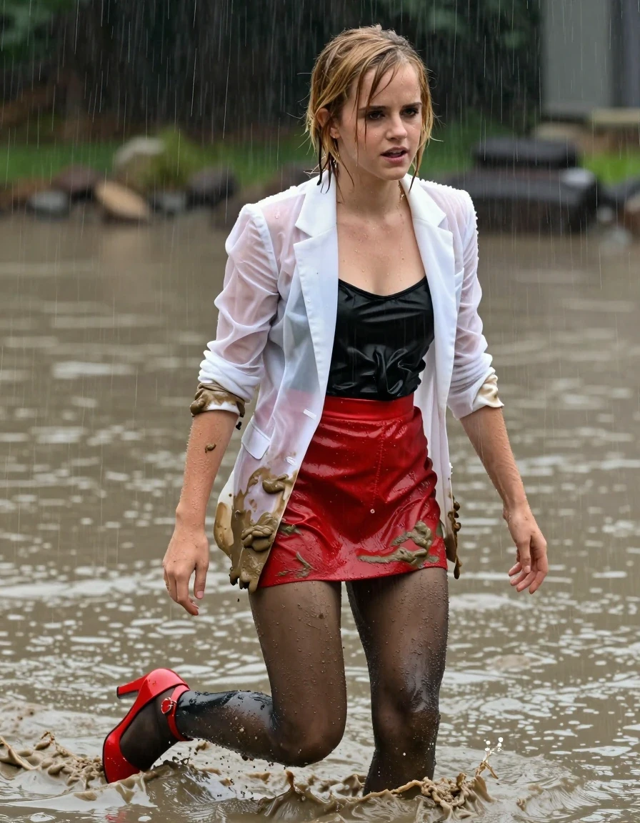 photo of young woman, in soaking wet, drenched clothes,
Red satin strappy heels , black stockings, red miniskirt, Black silk camisole, muddy white see-through blazer, Swimming in muddy pool, heavy rain, 
enjoying, wet clothes stuck to body,
detailed textures of the wet clothes, wet face, wet plastered hair,
wet, drenched, professional, high-quality details, full body view.
sharp focus, ultra-high pixel detail, realistic, high-quality, full colors, incredibly detailed, 4k, 8k, 16k, hyper-realistic, RAW photo, masterpiece, ultra-detailed, professionally color graded, professional photograph, Blonde, Emma Watson, all clothes covered in mud, wet skin, wet clothes, damp fabric