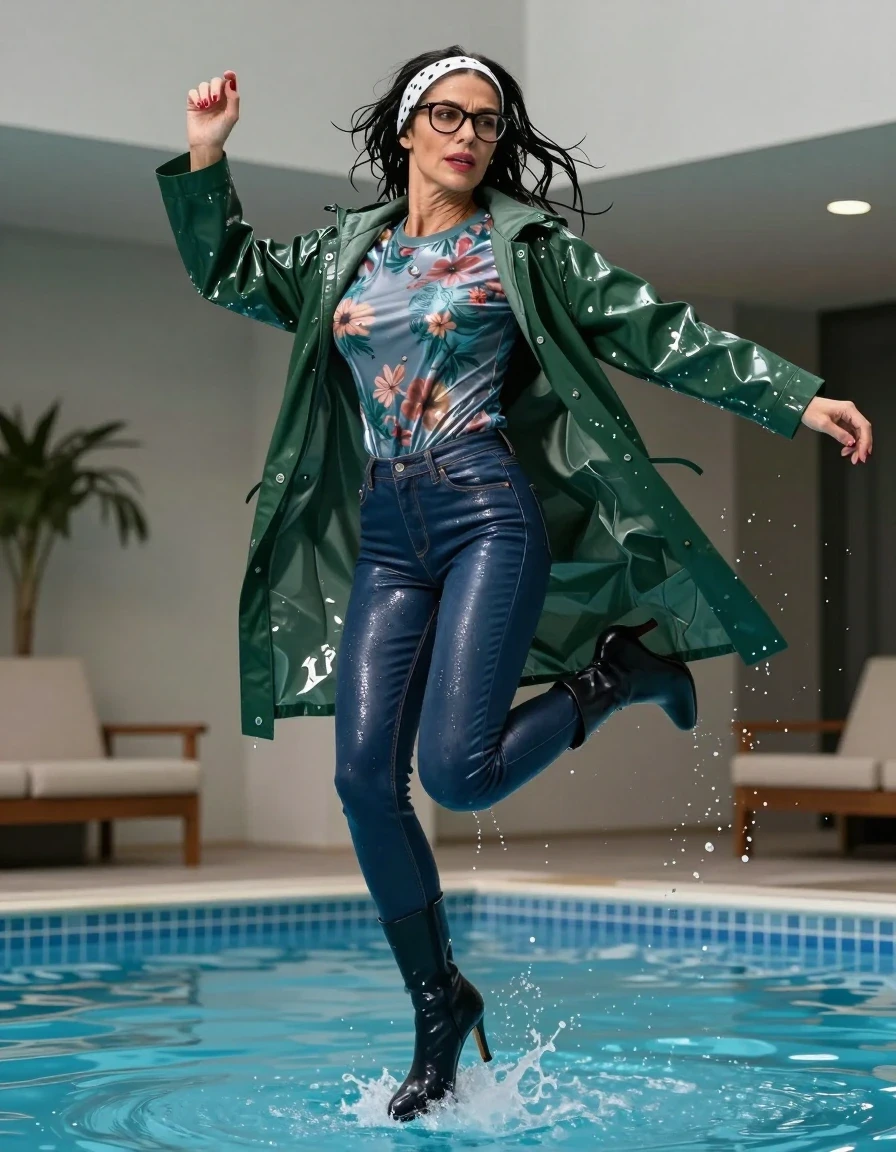 photo of young woman, in soaking wet, drenched clothes,
high-heeled  boots , Tight long blue shiny leather jeans ,  shiny floral  tight sweater with long sleeves, maxi dark green plastic rain coat, Jumping after Bath in indoor pool, 
enjoying, wet clothes stuck to body,
detailed textures of the wet clothes, wet face, wet plastered hair,
wet, drenched, professional, high-quality details, full body view.
sharp focus, ultra-high pixel detail, realistic, high-quality, full colors, incredibly detailed, 4k, 8k, 16k, hyper-realistic, RAW photo, masterpiece, ultra-detailed, professionally color graded, professional photograph, european brunette skinny woman 50 years old, long dark black hair, office glasses, white headband wth black polka dots, very big and thick lips, complete body, wet skin, wet clothes, damp fabric, wet skin, wet clothes, damp fabric, wet skin, wet clothes, damp fabric, wet skin, wet clothes, damp fabric, wet skin, wet clothes, damp fabric, wet skin, wet clothes, damp fabric, wet skin, wet clothes, damp fabric, wet skin, wet clothes, damp fabric, wet skin, wet clothes, damp fabric