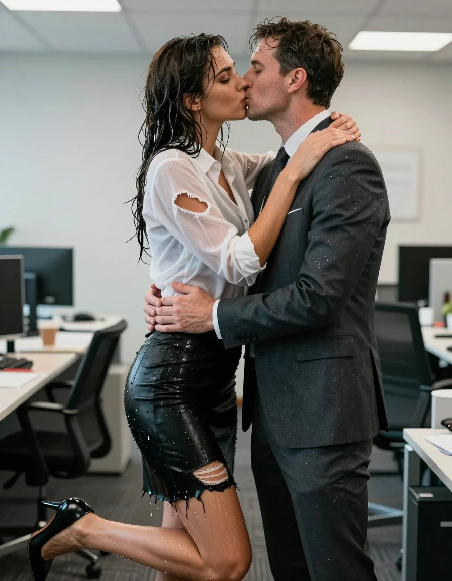 photo of young woman, in soaking wet, drenched clothes,
Shoes, Ripped office skirt, Ripped office shirt, Party in office , 
enjoying, wet clothes stuck to body,
detailed textures of the wet clothes, wet face, wet plastered hair,
wet, drenched, professional, high-quality details, full body view.
sharp focus, ultra-high pixel detail, realistic, high-quality, full colors, incredibly detailed, 4k, 8k, 16k, hyper-realistic, RAW photo, masterpiece, ultra-detailed, professionally color graded, professional photograph, Kissing and hugging the male boss, wet skin, wet clothes, damp fabric