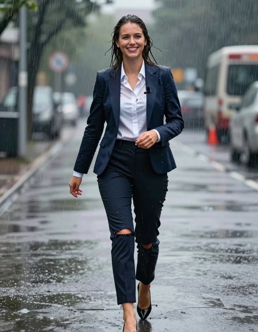 photo of young woman, in soaking wet, drenched clothes,
Shoes, Ripped office trousers , Ripped office shirt and Ripped jacket, Newsreporter under heavy rain, 
enjoying, wet clothes stuck to body,
detailed textures of the wet clothes, wet face, wet plastered hair,
wet, drenched, professional, high-quality details, full body view.
sharp focus, ultra-high pixel detail, realistic, high-quality, full colors, incredibly detailed, 4k, 8k, 16k, hyper-realistic, RAW photo, masterpiece, ultra-detailed, professionally color graded, professional photograph, Smiling, wet skin, wet clothes, damp fabric