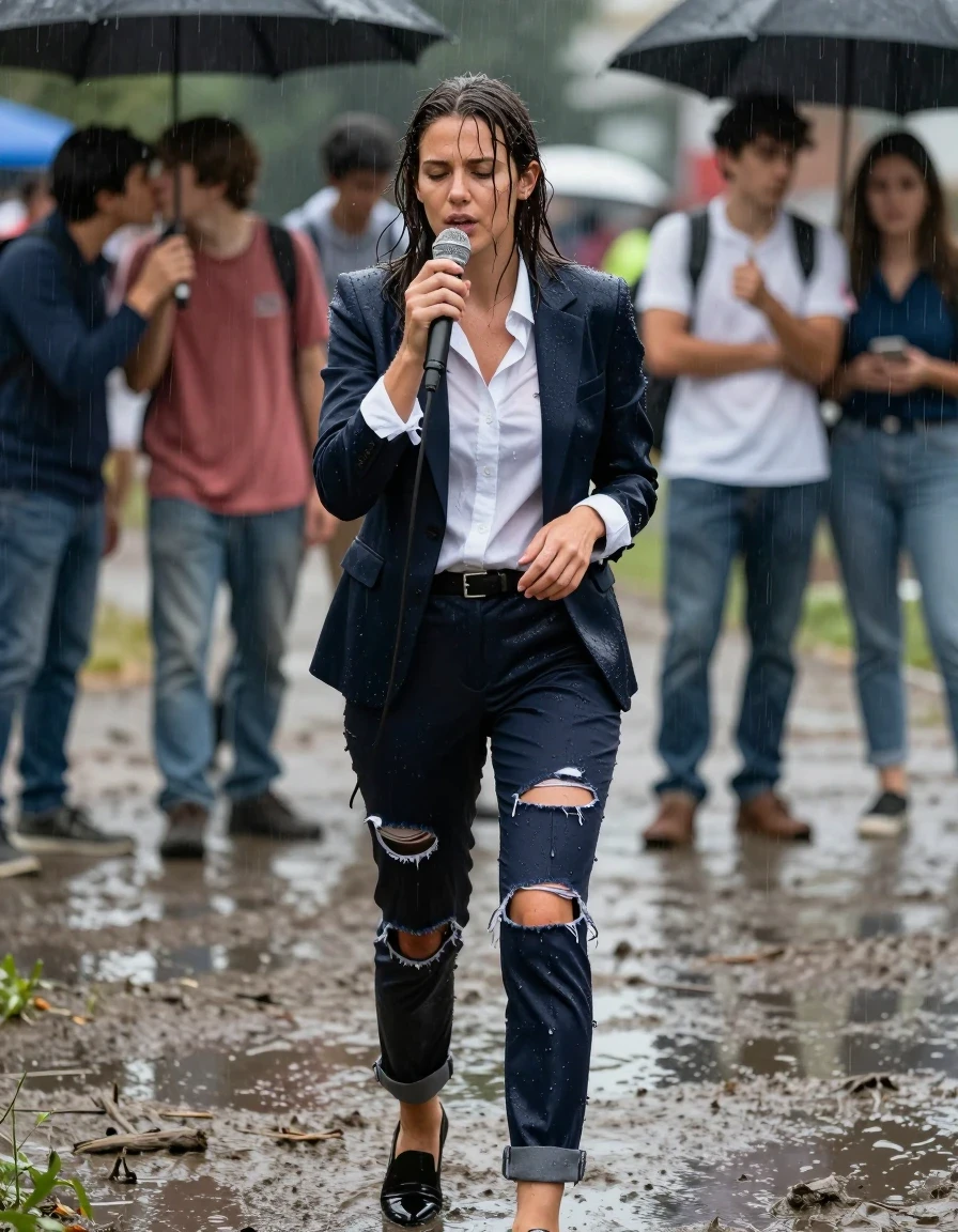 photo of young woman, in soaking wet, drenched clothes,
Shoes, Ripped office trousers , Ripped unbuttoned office shirt and ripped jacket, Newsreporter under heavy rain and mud, 
enjoying, wet clothes stuck to body,
detailed textures of the wet clothes, wet face, wet plastered hair,
wet, drenched, professional, high-quality details, full body view.
sharp focus, ultra-high pixel detail, realistic, high-quality, full colors, incredibly detailed, 4k, 8k, 16k, hyper-realistic, RAW photo, masterpiece, ultra-detailed, professionally color graded, professional photograph, Kissing teenagers, wet skin, wet clothes, damp fabric