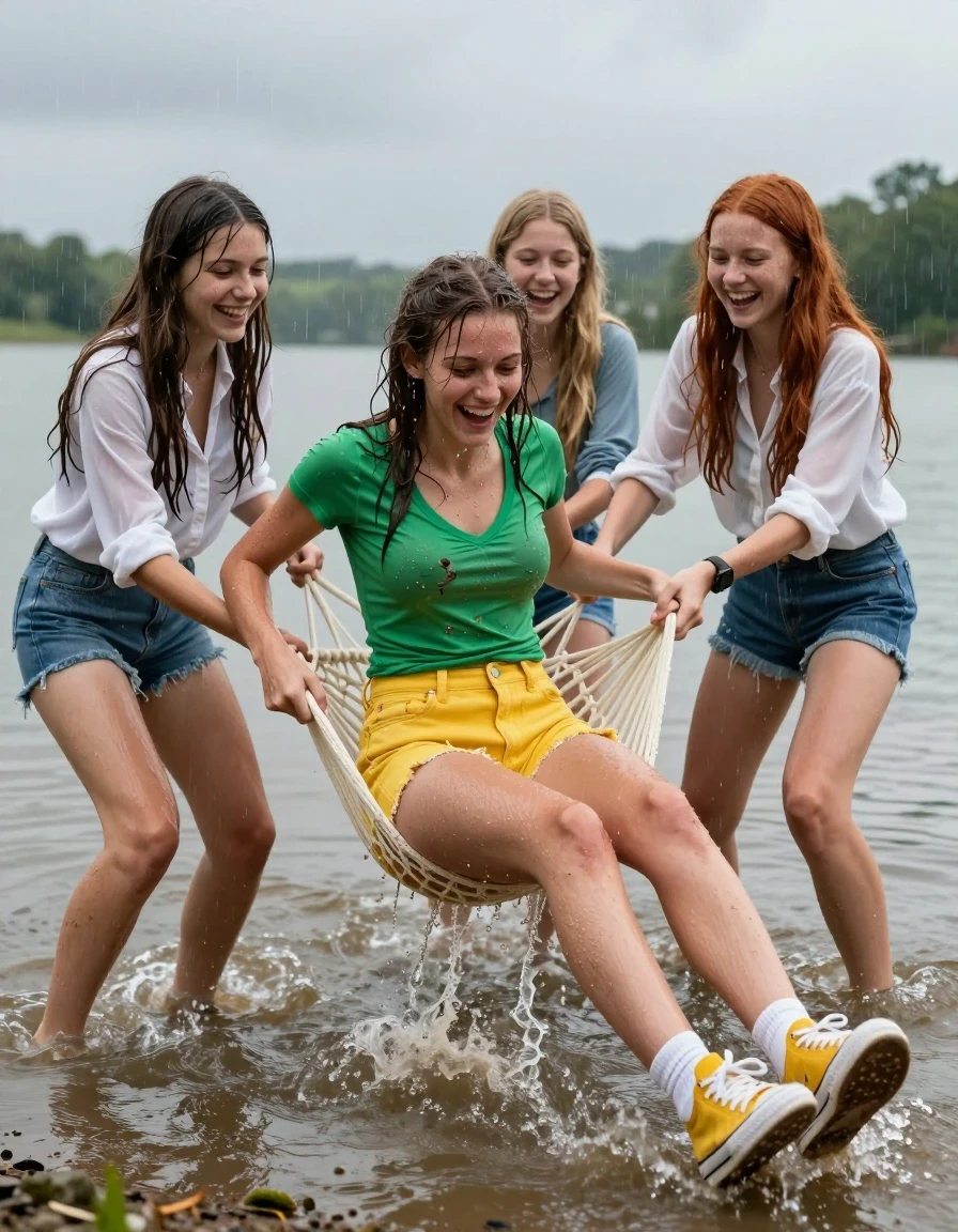 photo of young woman, in soaking wet, drenched clothes,
yellow sneakers with white socks, very short yellow denim cutoff shorts, very tight green tee shirt vee neck with no bra underneath, at the shore of a muddy lake on a rainy cloudy day.  , 
enjoying, wet clothes stuck to body,
detailed textures of the wet clothes, wet face, wet plastered hair,
wet, drenched, professional, high-quality details, full body view.
sharp focus, ultra-high pixel detail, realistic, high-quality, full colors, incredibly detailed, 4k, 8k, 16k, hyper-realistic, RAW photo, masterpiece, ultra-detailed, professionally color graded, professional photograph, Three college teens are playing with each other. All teens have long wet tangled brunette, blonde and red hair. All clothes are very wet. They are holding her hands and feet and swinging her into the lake like a hammock . They are all laughing. All fabric, hair, clothes, bodies drenched, soaking wet. It is raining hard and water is dripping off of all their clothes and hair The green tee  shirt and yellow shorts is ripped and muddy. The redhead girl is wearing a short blue denim jean skirt and a white dress blouse the green tee shirt is ripped and muddy. they are now pushing the green tee shirt girl to sit down into the water, wet skin, wet clothes, damp fabric