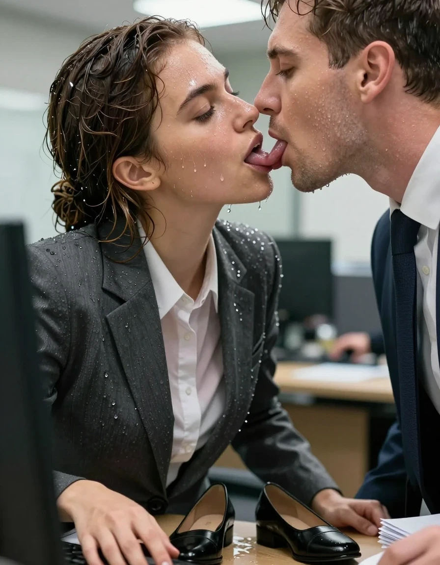 photo of young woman, in soaking wet, drenched clothes,
Shoes, Office trousers, Office shirt and jacket, Party in office , 
enjoying, wet clothes stuck to body,
detailed textures of the wet clothes, wet face, wet plastered hair,
wet, drenched, professional, high-quality details, full body view.
sharp focus, ultra-high pixel detail, realistic, high-quality, full colors, incredibly detailed, 4k, 8k, 16k, hyper-realistic, RAW photo, masterpiece, ultra-detailed, professionally color graded, professional photograph, Kissing one colleague with tongue, wet skin, wet clothes, damp fabric