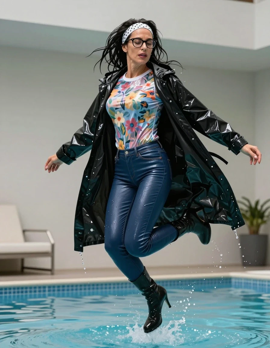 photo of young woman, in soaking wet, drenched clothes,
high-heeled  boots , Tight long blue shiny leather jeans ,  shiny floral  tight sweater with long sleeves, maxi black plastic rain coat, Jumping after Bath in indoor pool, 
enjoying, wet clothes stuck to body,
detailed textures of the wet clothes, wet face, wet plastered hair,
wet, drenched, professional, high-quality details, full body view.
sharp focus, ultra-high pixel detail, realistic, high-quality, full colors, incredibly detailed, 4k, 8k, 16k, hyper-realistic, RAW photo, masterpiece, ultra-detailed, professionally color graded, professional photograph, european brunette skinny woman 50 years old, long dark black hair, office glasses, white headband wth black polka dots, very big and thick lips, complete body, wet skin, wet clothes, damp fabric, wet skin, wet clothes, damp fabric, wet skin, wet clothes, damp fabric, wet skin, wet clothes, damp fabric, wet skin, wet clothes, damp fabric, wet skin, wet clothes, damp fabric, wet skin, wet clothes, damp fabric, wet skin, wet clothes, damp fabric, wet skin, wet clothes, damp fabric