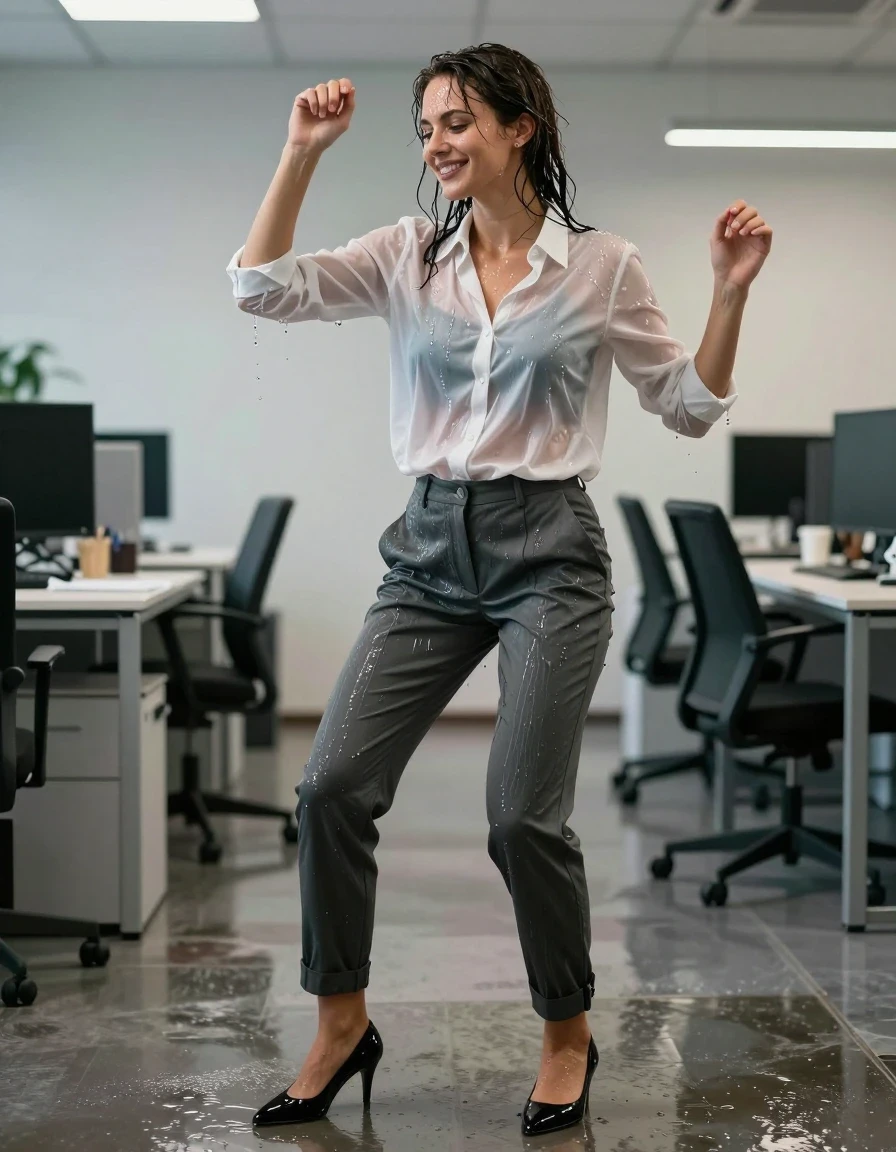 photo of young woman, in soaking wet, drenched clothes,
Shoes, Office trousers, Office shirt and sweater, Party in office , 
enjoying, wet clothes stuck to body,
detailed textures of the wet clothes, wet face, wet plastered hair,
wet, drenched, professional, high-quality details, full body view.
sharp focus, ultra-high pixel detail, realistic, high-quality, full colors, incredibly detailed, 4k, 8k, 16k, hyper-realistic, RAW photo, masterpiece, ultra-detailed, professionally color graded, professional photograph, Dancing and smiling, wet skin, wet clothes, damp fabric