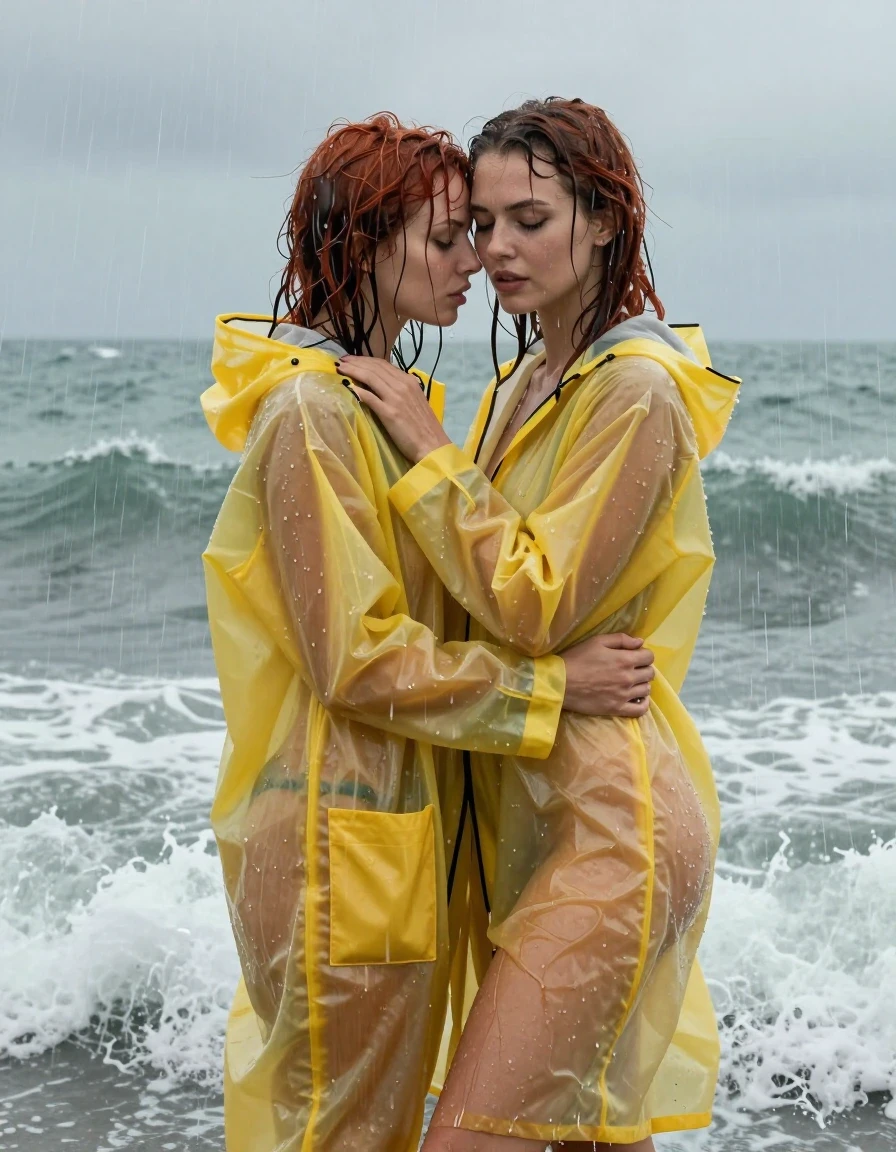 photo of young woman, in soaking wet, drenched clothes,
No underwear , Soaking wet oversized transparent latex yellow raincoat , In the stormy waves of the sea.  Heavy rain and waves are drenching them from head to to, 
enjoying, wet clothes stuck to body,
detailed textures of the wet clothes, wet face, wet plastered hair,
wet, drenched, professional, high-quality details, full body view.
sharp focus, ultra-high pixel detail, realistic, high-quality, full colors, incredibly detailed, 4k, 8k, 16k, hyper-realistic, RAW photo, masterpiece, ultra-detailed, professionally color graded, professional photograph, A beautiful 20-year-old woman is wrapped around her girlfriend's body in a romantic embrace.  Her red hair is soaking wet with water. Her rainjacket is soaking wet and clinging to her body. Her friend is nude, wet skin, wet clothes, damp fabric, wet skin, wet clothes, damp fabric