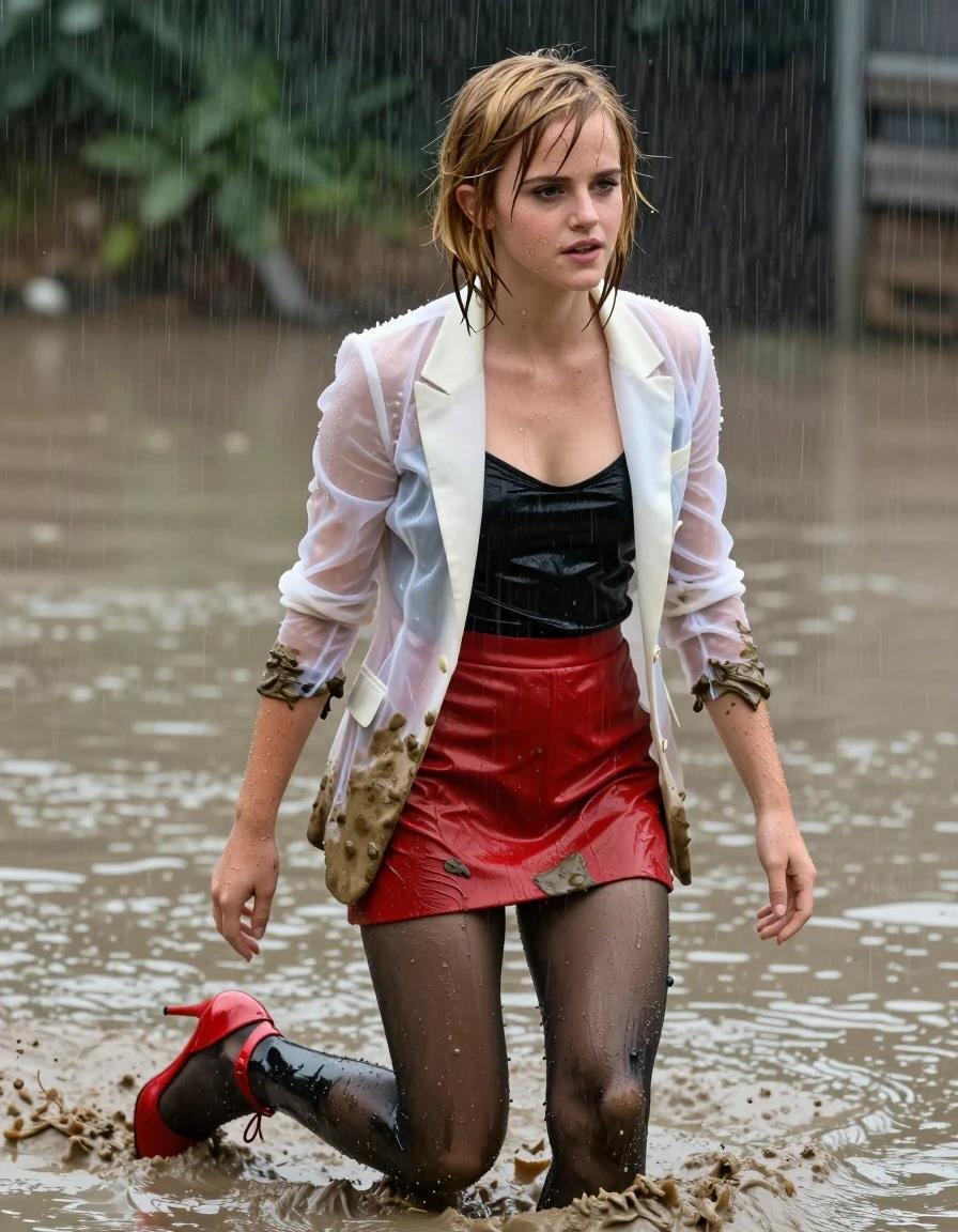photo of young woman, in soaking wet, drenched clothes,
Red satin strappy stilettos , black stockings, red miniskirt, Black silk camisole, muddy white see-through blazer, Swimming in muddy pool, heavy rain, 
enjoying, wet clothes stuck to body,
detailed textures of the wet clothes, wet face, wet plastered hair,
wet, drenched, professional, high-quality details, full body view.
sharp focus, ultra-high pixel detail, realistic, high-quality, full colors, incredibly detailed, 4k, 8k, 16k, hyper-realistic, RAW photo, masterpiece, ultra-detailed, professionally color graded, professional photograph, Blonde, Emma Watson, all clothes covered in mud, wet skin, wet clothes, damp fabric