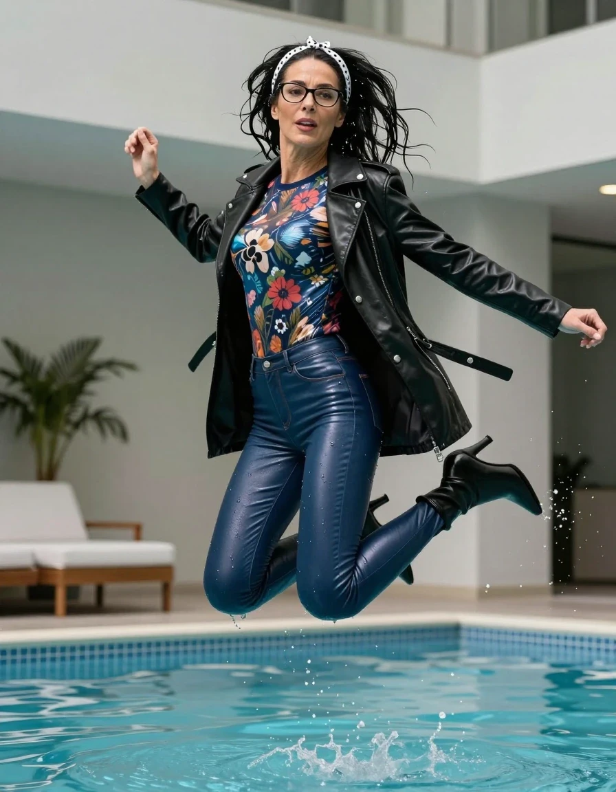 photo of young woman, in soaking wet, drenched clothes,
high-heeled  boots , Tight long blue shiny leather jeans ,  shiny floral  tight sweater with long sleeves, maxi black shiny leather jacket , Jumping after Bath in indoor pool, 
enjoying, wet clothes stuck to body,
detailed textures of the wet clothes, wet face, wet plastered hair,
wet, drenched, professional, high-quality details, full body view.
sharp focus, ultra-high pixel detail, realistic, high-quality, full colors, incredibly detailed, 4k, 8k, 16k, hyper-realistic, RAW photo, masterpiece, ultra-detailed, professionally color graded, professional photograph, european brunette skinny woman 50 years old, long dark black hair, office glasses, white headband wth black polka dots, very big and thick lips, complete body, wet skin, wet clothes, damp fabric, wet skin, wet clothes, damp fabric, wet skin, wet clothes, damp fabric, wet skin, wet clothes, damp fabric, wet skin, wet clothes, damp fabric, wet skin, wet clothes, damp fabric, wet skin, wet clothes, damp fabric, wet skin, wet clothes, damp fabric, wet skin, wet clothes, damp fabric