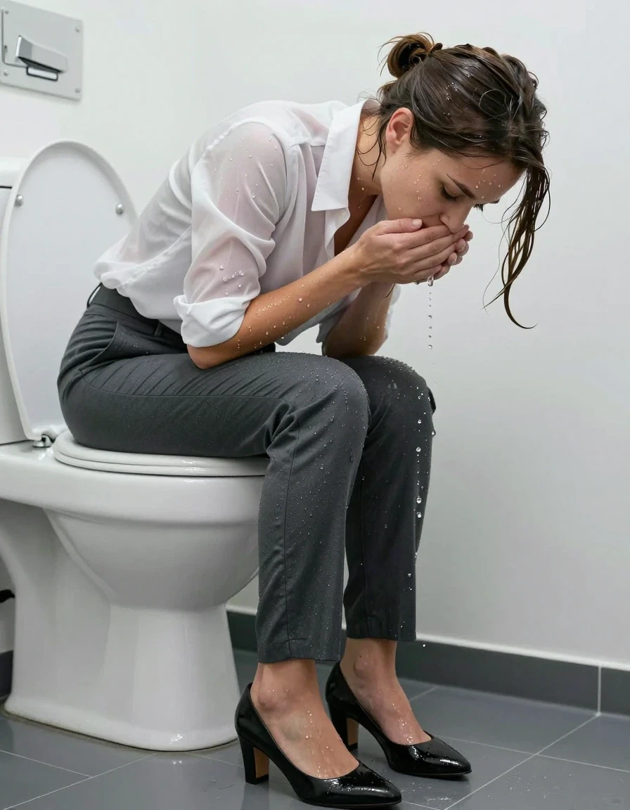 photo of young woman, in soaking wet, drenched clothes,
Shoes, Office trousers, Office shirt, Peeing in toilet, 
enjoying, wet clothes stuck to body,
detailed textures of the wet clothes, wet face, wet plastered hair,
wet, drenched, professional, high-quality details, full body view.
sharp focus, ultra-high pixel detail, realistic, high-quality, full colors, incredibly detailed, 4k, 8k, 16k, hyper-realistic, RAW photo, masterpiece, ultra-detailed, professionally color graded, professional photograph, Kissing people, wet skin, wet clothes, damp fabric