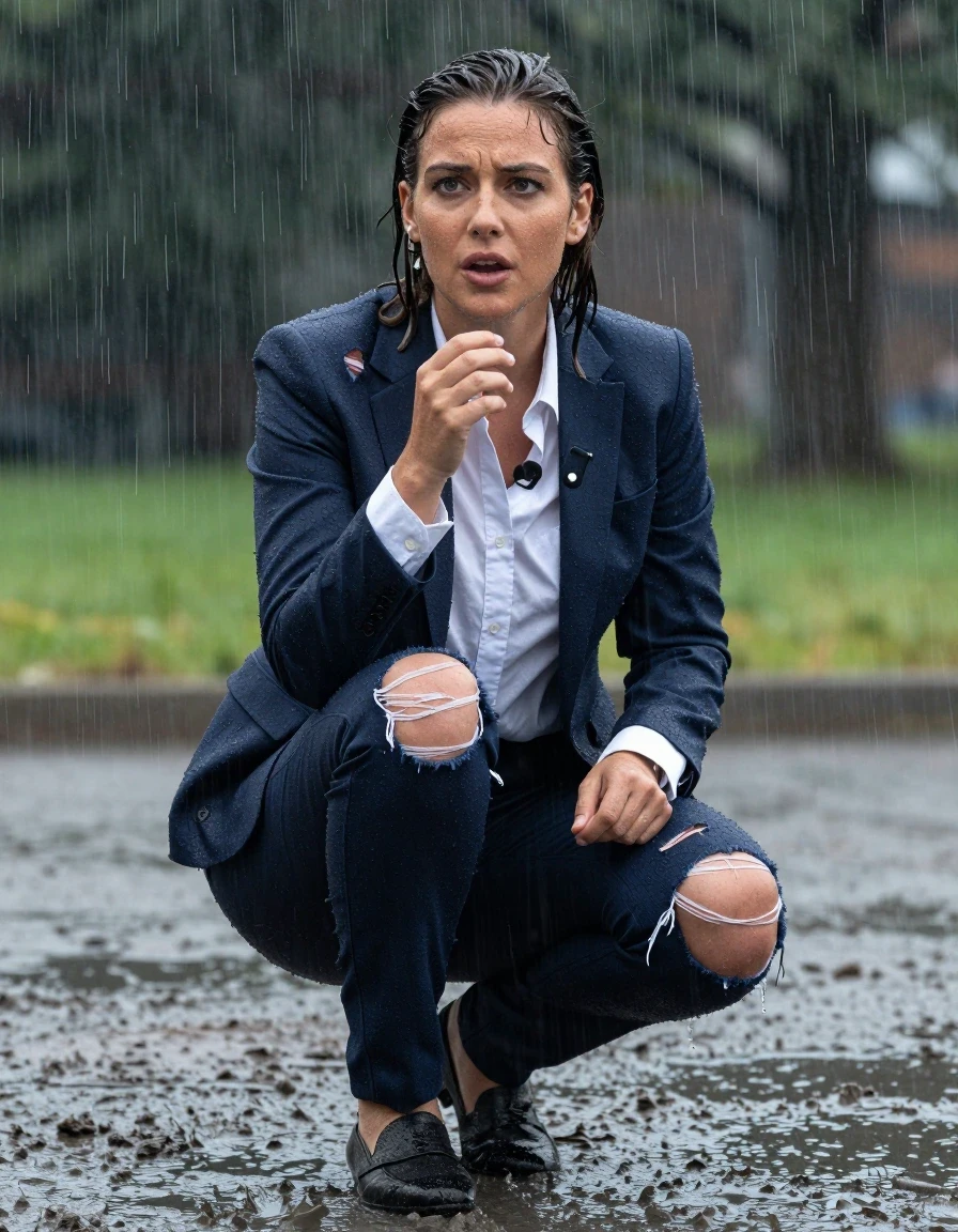 photo of young woman, in soaking wet, drenched clothes,
Shoes, Ripped office trousers , Ripped office shirt and ripped jacket, Newsreporter under heavy rain and mud, 
enjoying, wet clothes stuck to body,
detailed textures of the wet clothes, wet face, wet plastered hair,
wet, drenched, professional, high-quality details, full body view.
sharp focus, ultra-high pixel detail, realistic, high-quality, full colors, incredibly detailed, 4k, 8k, 16k, hyper-realistic, RAW photo, masterpiece, ultra-detailed, professionally color graded, professional photograph, Speaking, wet skin, wet clothes, damp fabric