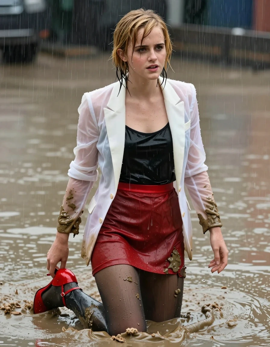 photo of young woman, in soaking wet, drenched clothes,
Red satin strappy stilettos , black stockings, see-through red miniskirt, Black silk camisole, muddy white see-through blazer, Swimming in muddy pool, heavy rain, 
enjoying, wet clothes stuck to body,
detailed textures of the wet clothes, wet face, wet plastered hair,
wet, drenched, professional, high-quality details, full body view.
sharp focus, ultra-high pixel detail, realistic, high-quality, full colors, incredibly detailed, 4k, 8k, 16k, hyper-realistic, RAW photo, masterpiece, ultra-detailed, professionally color graded, professional photograph, Blonde, Emma Watson, all clothes covered in mud, wet skin, wet clothes, damp fabric