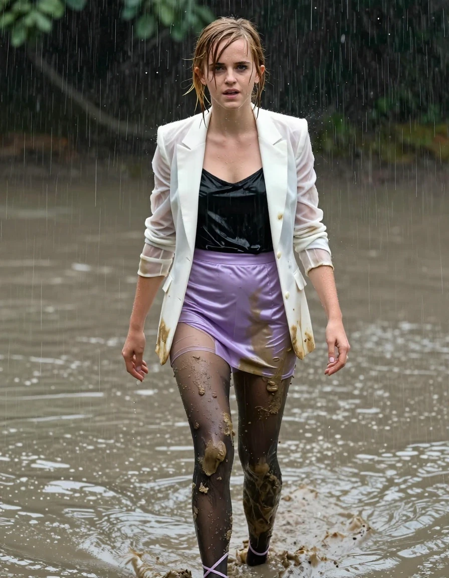 photo of young woman, in soaking wet, drenched clothes,
Lilac satin strappy stilettos , black stockings, muddy see-through lilac  miniskirt, Black silk camisole, muddy white see-through blazer, Swimming in muddy pool, heavy rain, 
enjoying, wet clothes stuck to body,
detailed textures of the wet clothes, wet face, wet plastered hair,
wet, drenched, professional, high-quality details, full body view.
sharp focus, ultra-high pixel detail, realistic, high-quality, full colors, incredibly detailed, 4k, 8k, 16k, hyper-realistic, RAW photo, masterpiece, ultra-detailed, professionally color graded, professional photograph, Blonde, Emma Watson, all clothes covered in mud, wet skin, wet clothes, damp fabric