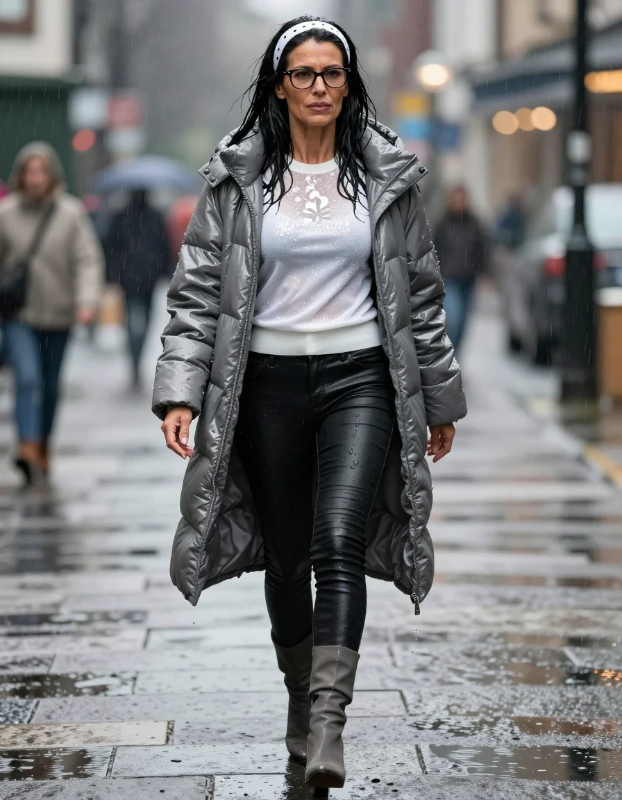 photo of young woman, in soaking wet, drenched clothes,
high-heeled gray boots , Tight long black leather jeans ,  shiny white floral  tight sweater with long sleeves, maxi gray shiny down jacket , Walking under hard rain, 
enjoying, wet clothes stuck to body,
detailed textures of the wet clothes, wet face, wet plastered hair,
wet, drenched, professional, high-quality details, full body view.
sharp focus, ultra-high pixel detail, realistic, high-quality, full colors, incredibly detailed, 4k, 8k, 16k, hyper-realistic, RAW photo, masterpiece, ultra-detailed, professionally color graded, professional photograph, european brunette skinny woman 50 years old, long dark black hair, office glasses, white headband wth black polka dots, very big and thick lips, complete body, wet skin, wet clothes, damp fabric, wet skin, wet clothes, damp fabric, wet skin, wet clothes, damp fabric, wet skin, wet clothes, damp fabric, wet skin, wet clothes, damp fabric, wet skin, wet clothes, damp fabric, wet skin, wet clothes, damp fabric, wet skin, wet clothes, damp fabric, wet skin, wet clothes, damp fabric
