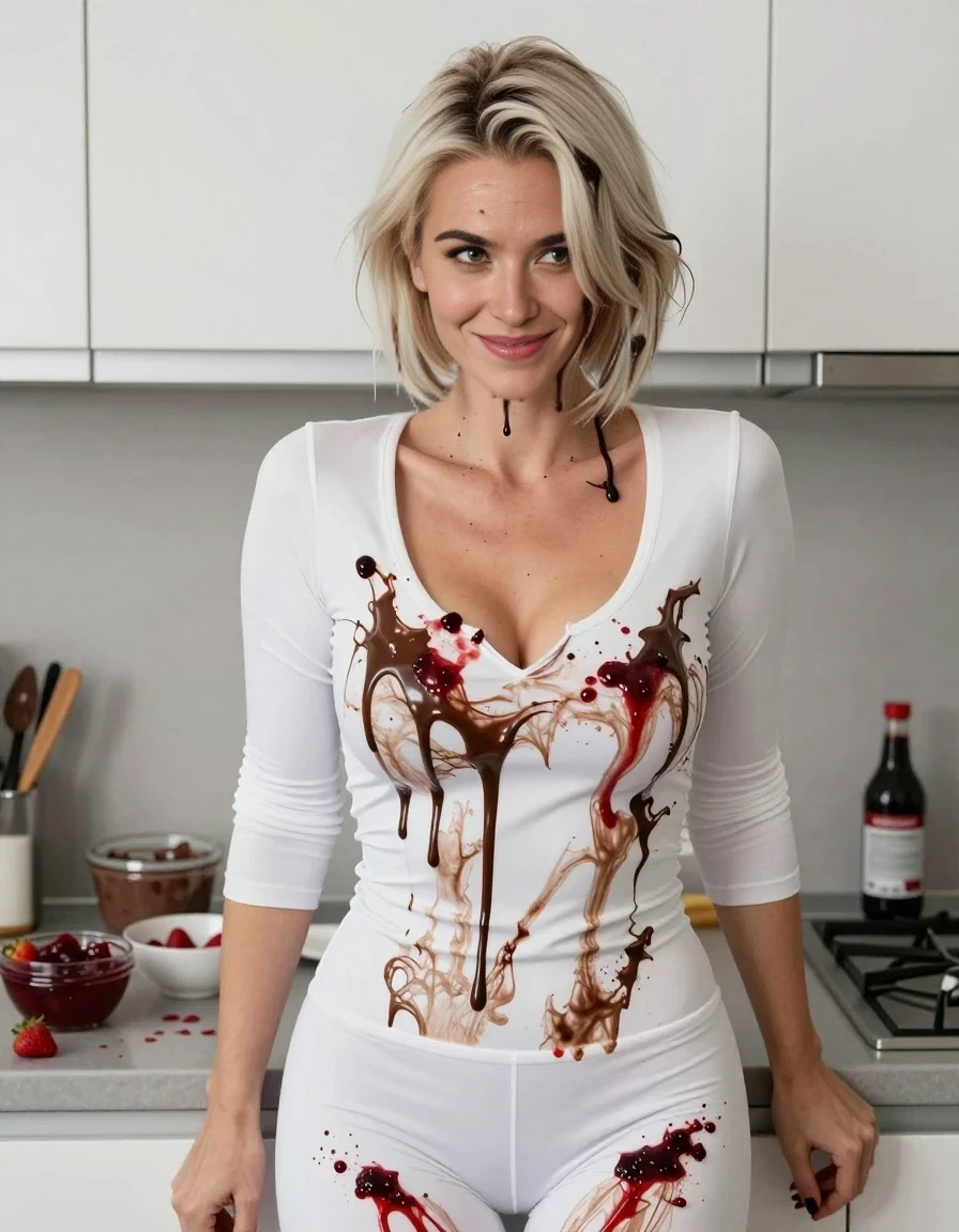 A realistic vertical photograph of an adult woman, Roxy, standing in a brightly lit kitchen. She is wearing a tight white shirt and white tight pants that are completely drenched and coated in thick, dark chocolate syrup and smears of bright red strawberry jam. Her icy platinum blonde bob with darker roots is fully saturated with the chocolate syrup, slicked back, and plastered to her scalp, temples, and neck, with thick streaks of chocolate dripping down her face and hair. She is looking toward the camera with a playful, mischievous smirk. The kitchen counter behind her is cluttered with empty bowls, strawberry jam, and chocolate syrup. The woman is positioned in the center, and her face is clearly visible from a three-quarter angle. The overall mood is messy, indulgent, and provocative.